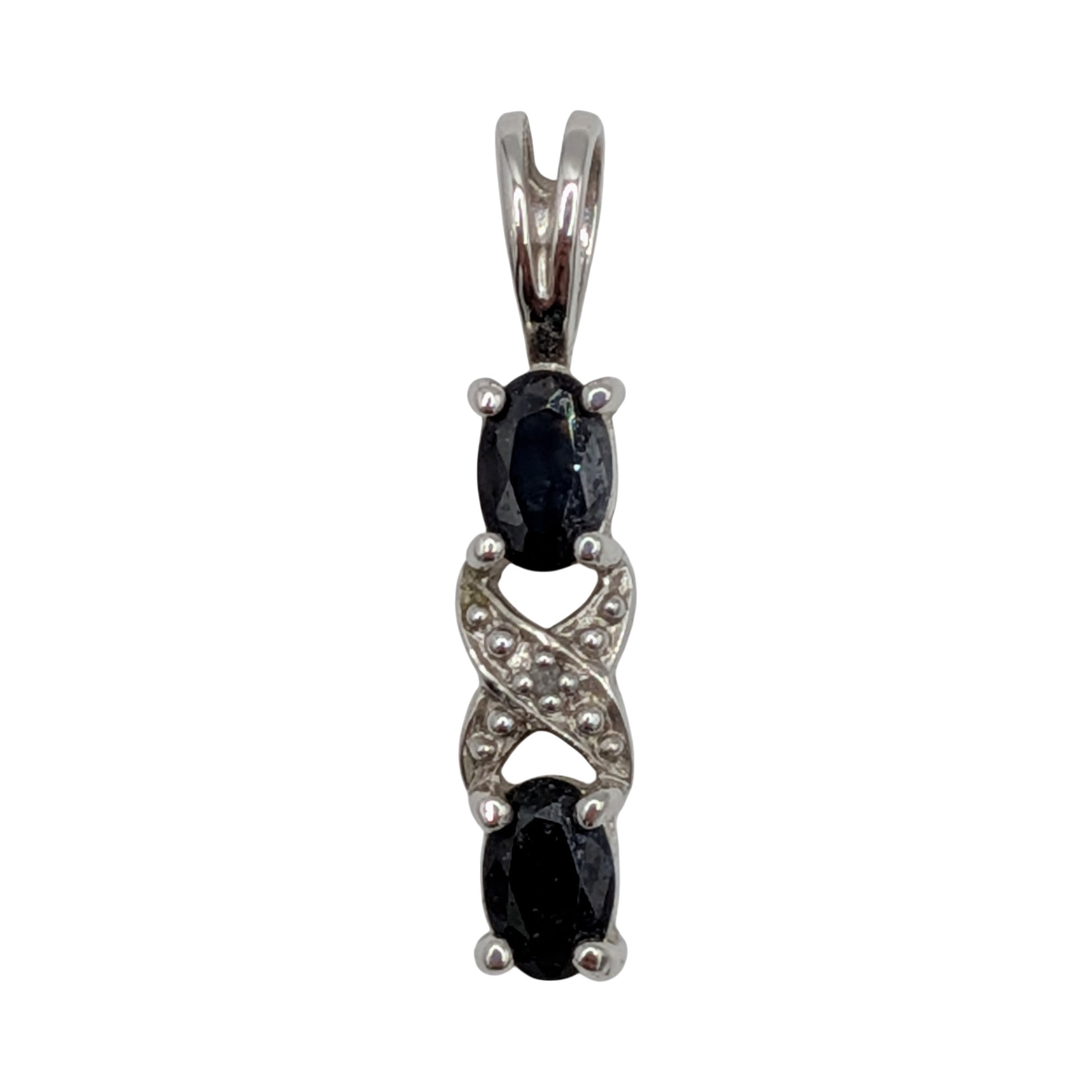 Signed Sterling Silver Sapphire Diamond Double Oval Pendant