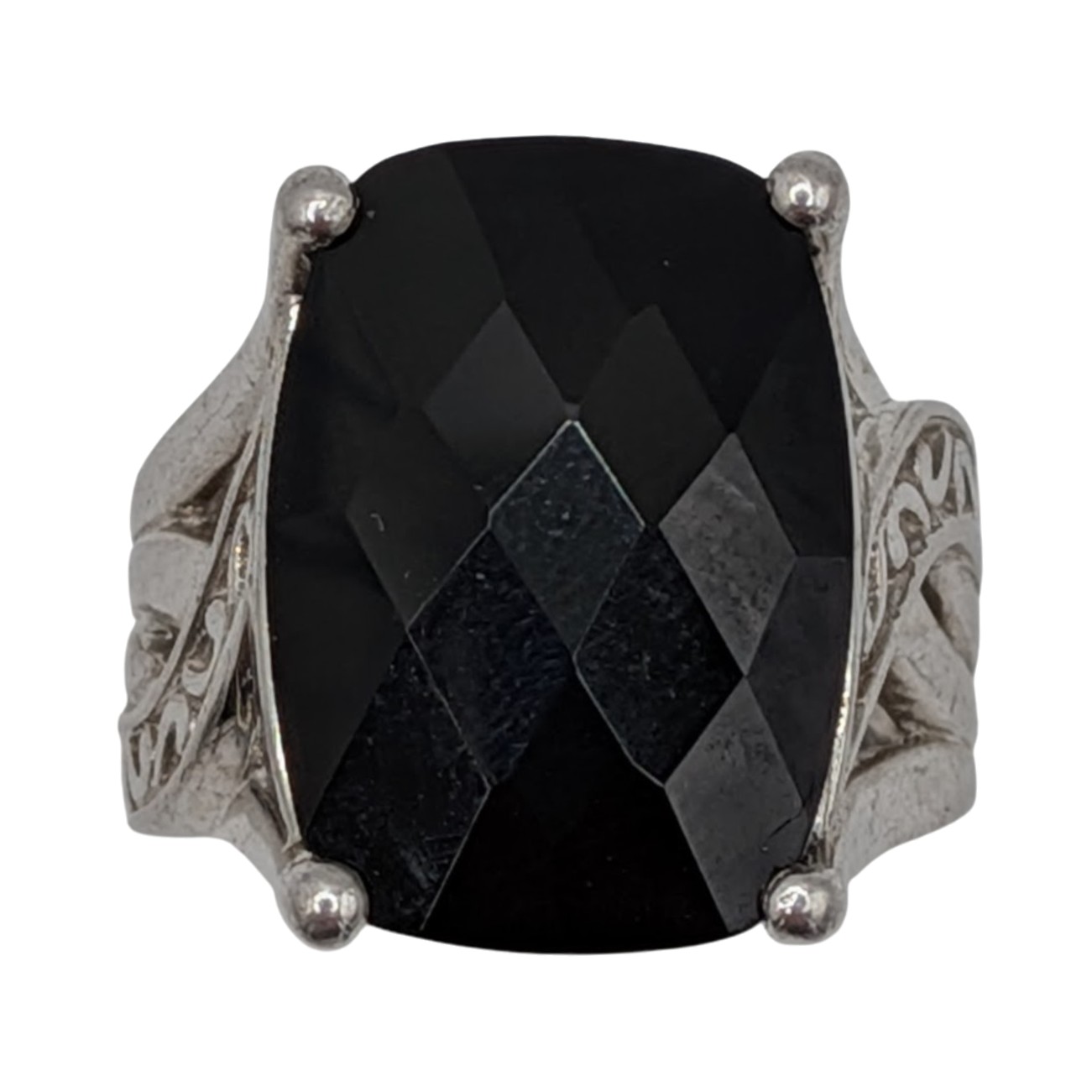 Signed Sterling Silver Black Tourmaline Swirled Statement Ring Size 4.75