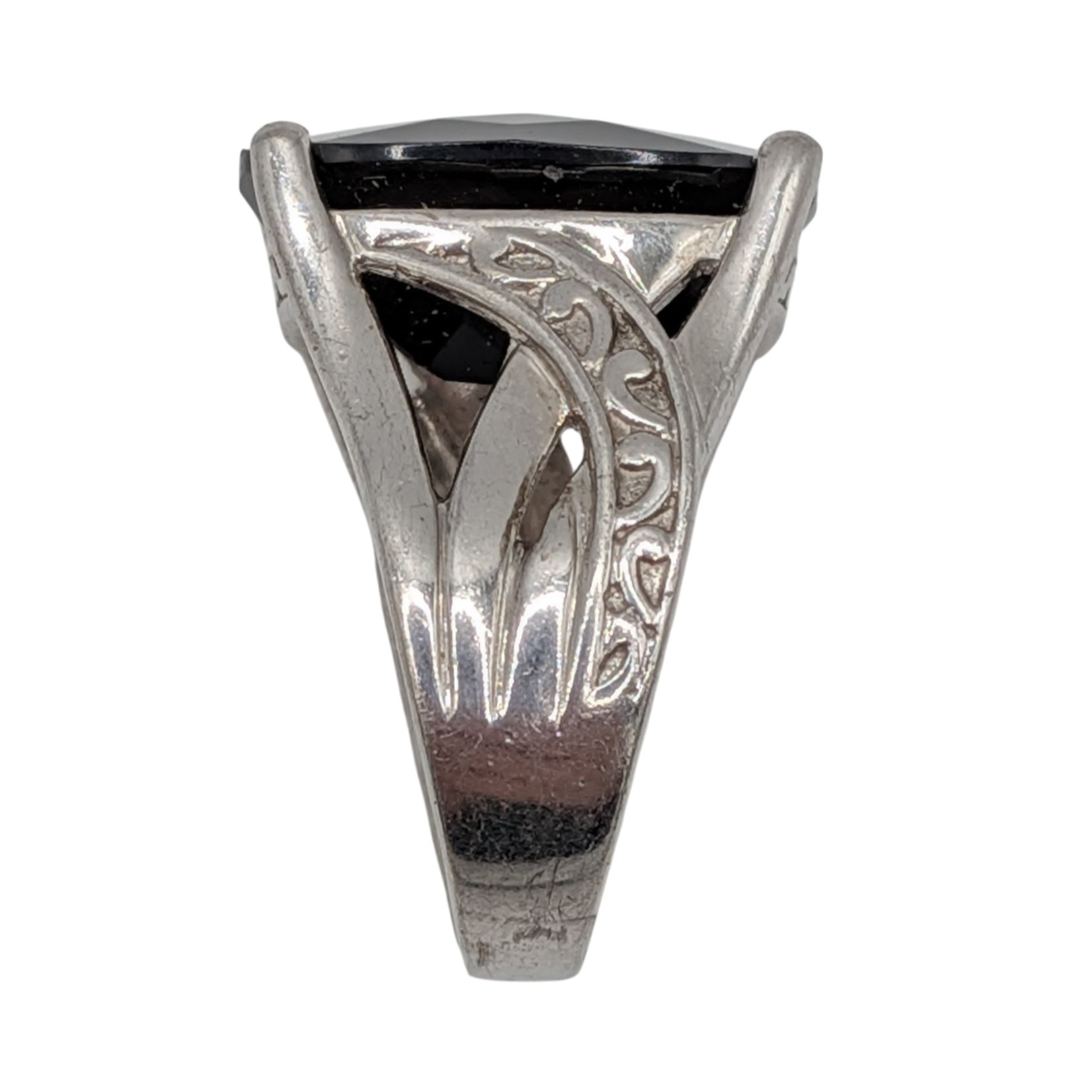 Signed Sterling Silver Black Tourmaline Swirled Statement Ring Size 4.75
