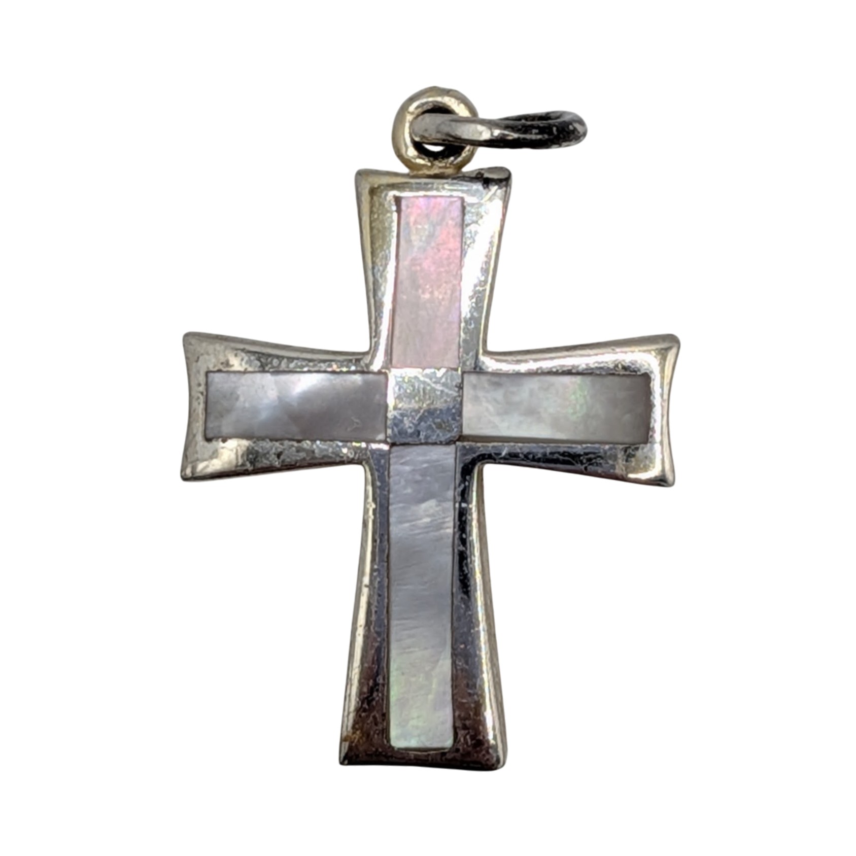 Signed Sterling Silver Mother Of Pearl Inlay Cross Pendant