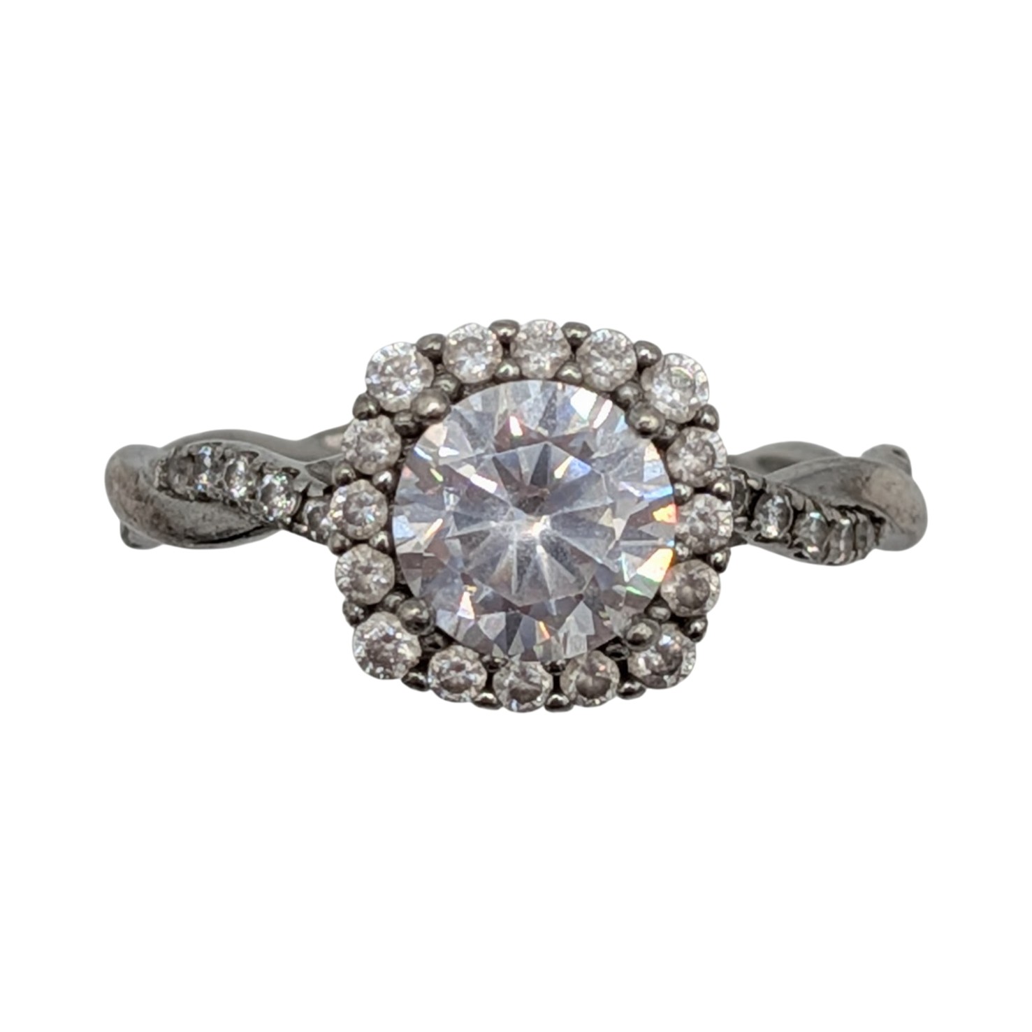 Signed Sterling Silver CZ Round Cut Halo Set Engagement Ring Size 8