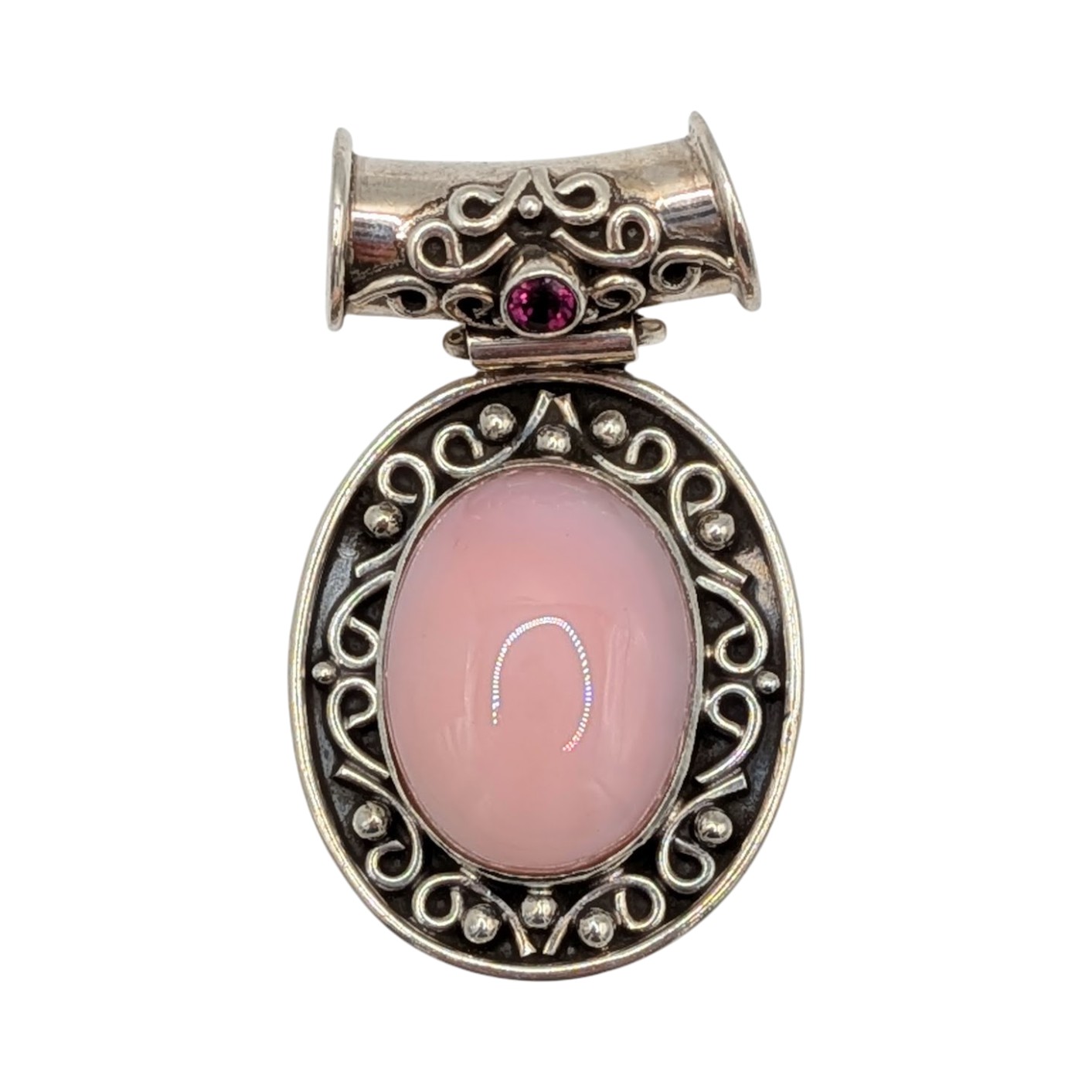 Sterling Silver Pink Opal Rhodolite Oval Tube Slide Pendant