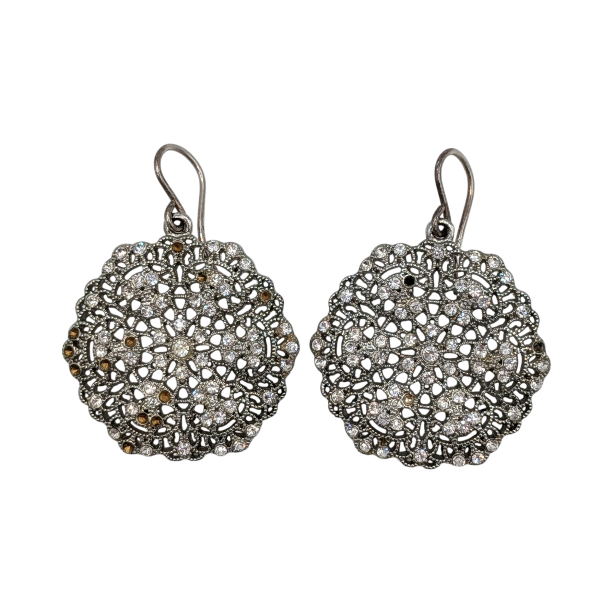 Signed Sterling Silver Rhinestone Filigree Lace Dangle Earrings