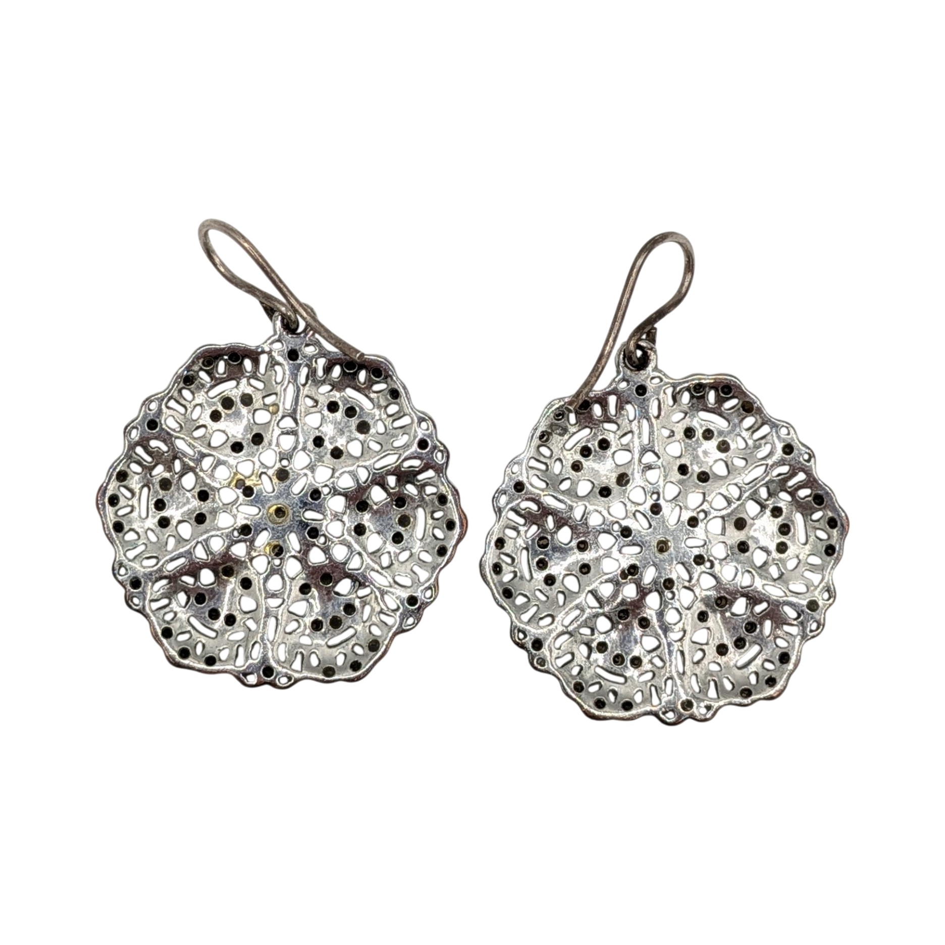 Signed Sterling Silver Rhinestone Filigree Lace Dangle Earrings