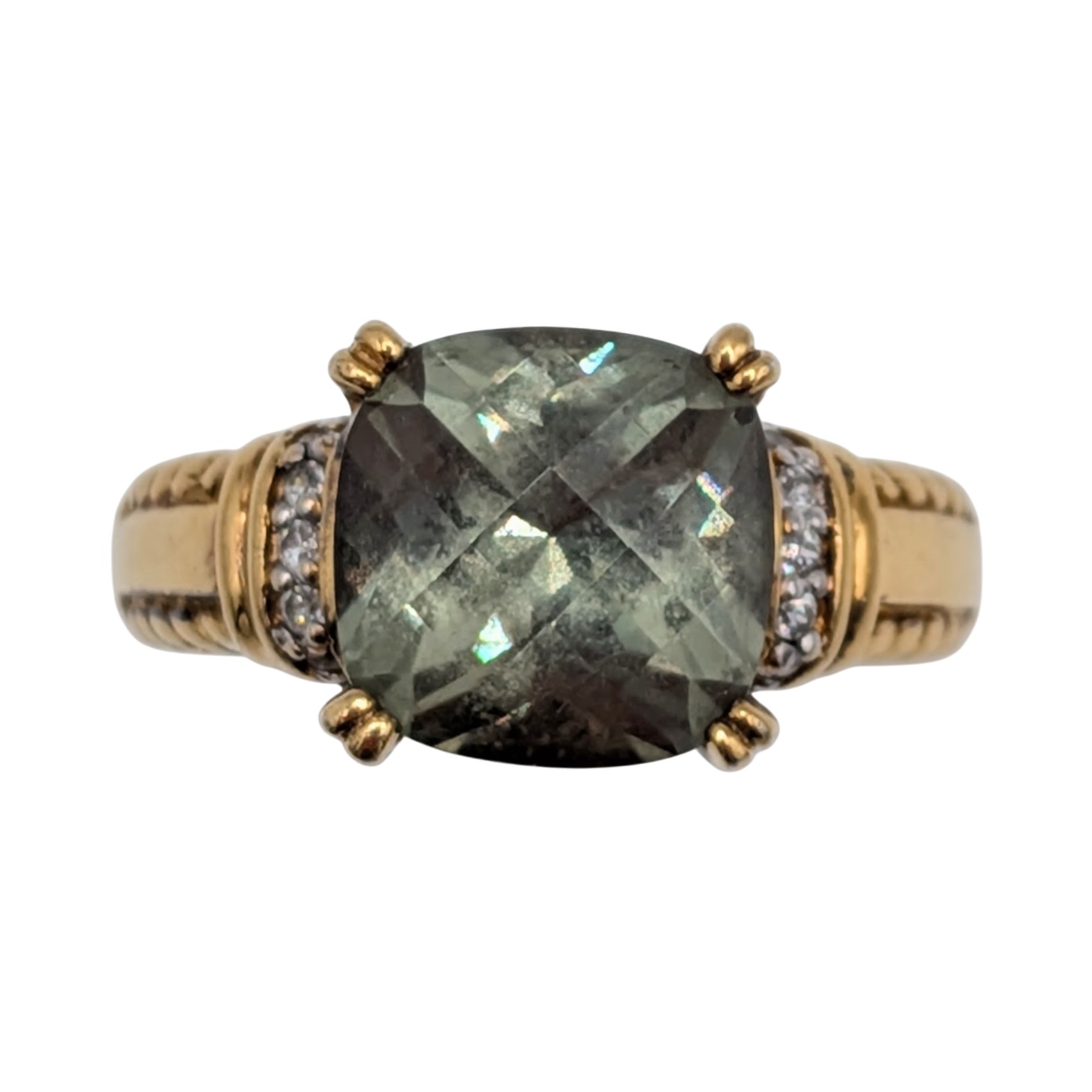 Gold Over Sterling Silver Green Spinel CZ Cushion Cut Ring Size 7.25