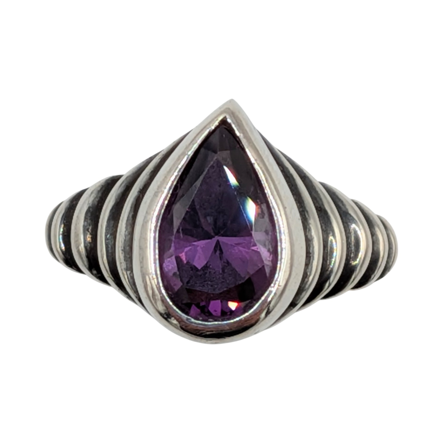 Signed Sterling Silver Purple Rhinestone Graduated Teardrop Ring Size 9.5
