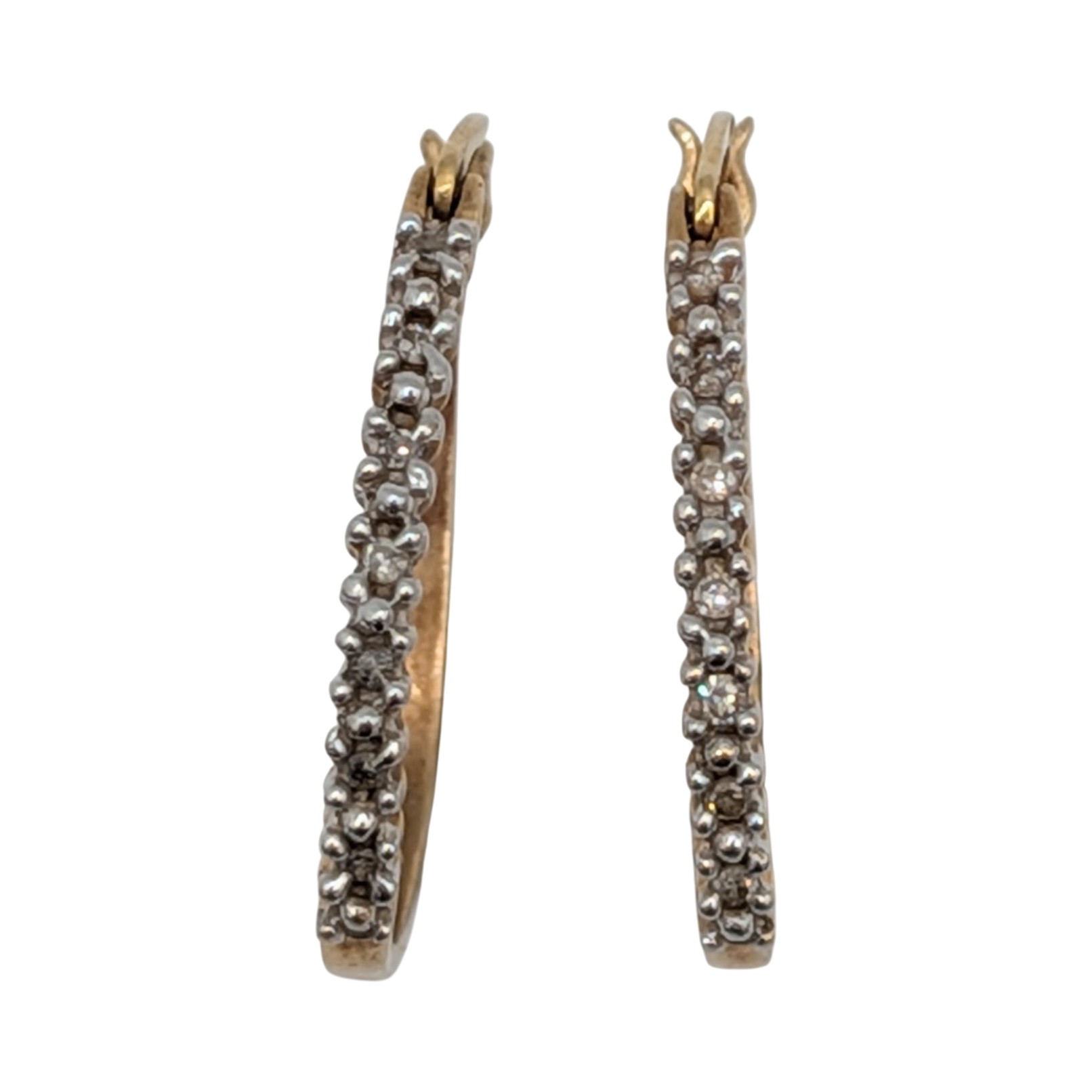 Signed 10K Yellow Gold Diamond Half Round Oval Hoop Earrings