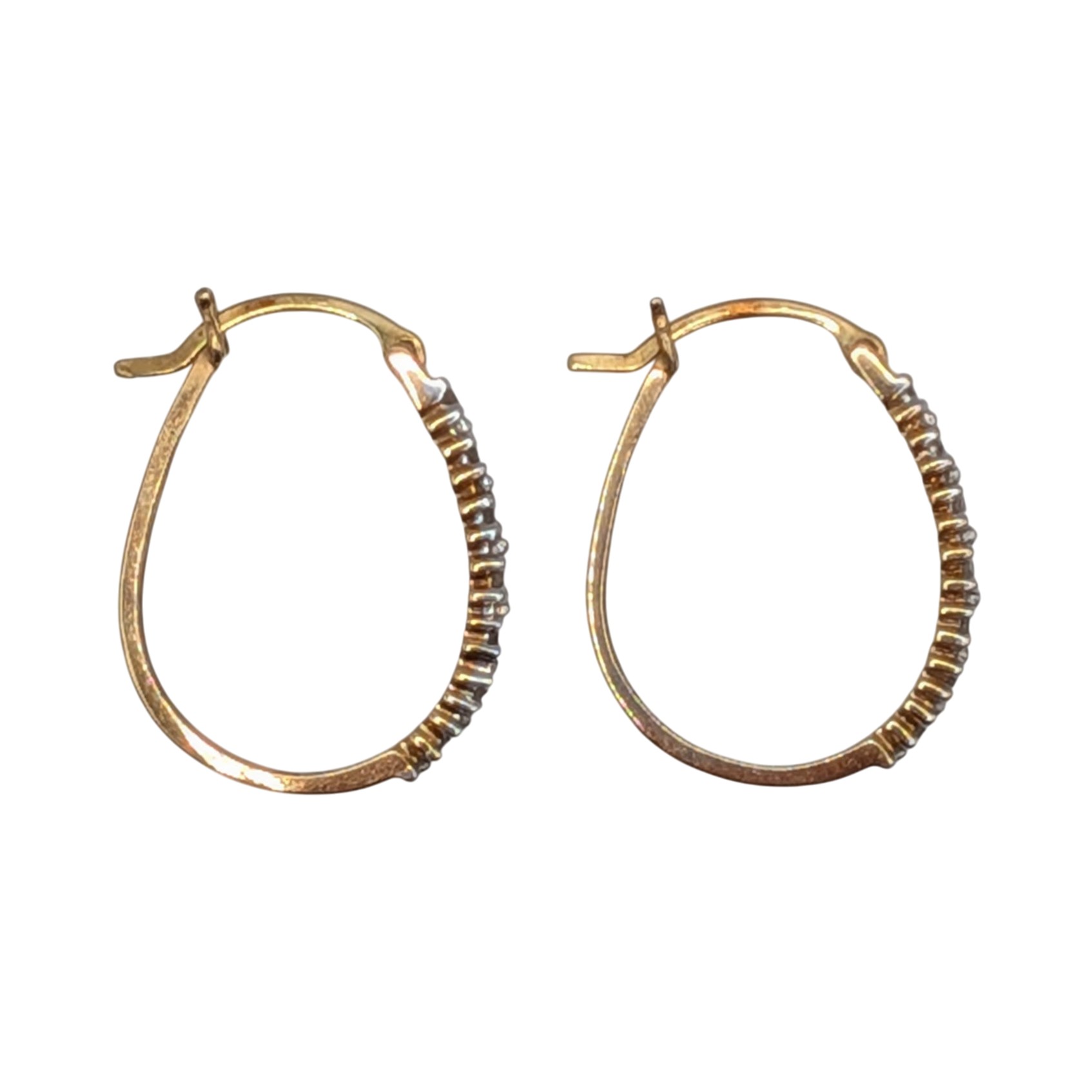 Signed 10K Yellow Gold Diamond Half Round Oval Hoop Earrings