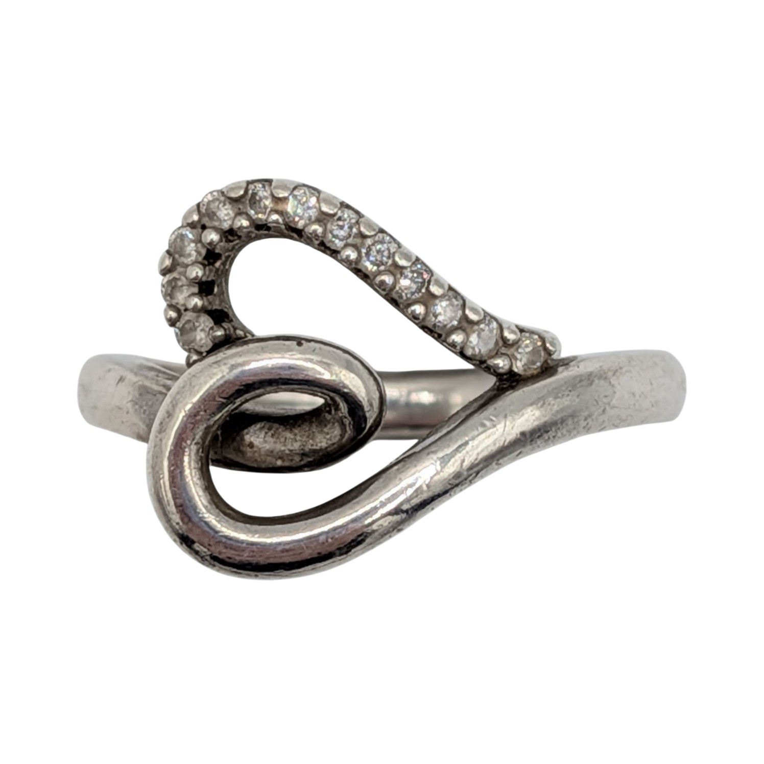 Signed Sterling Silver Diamond Open Heart Ring Size 6.75