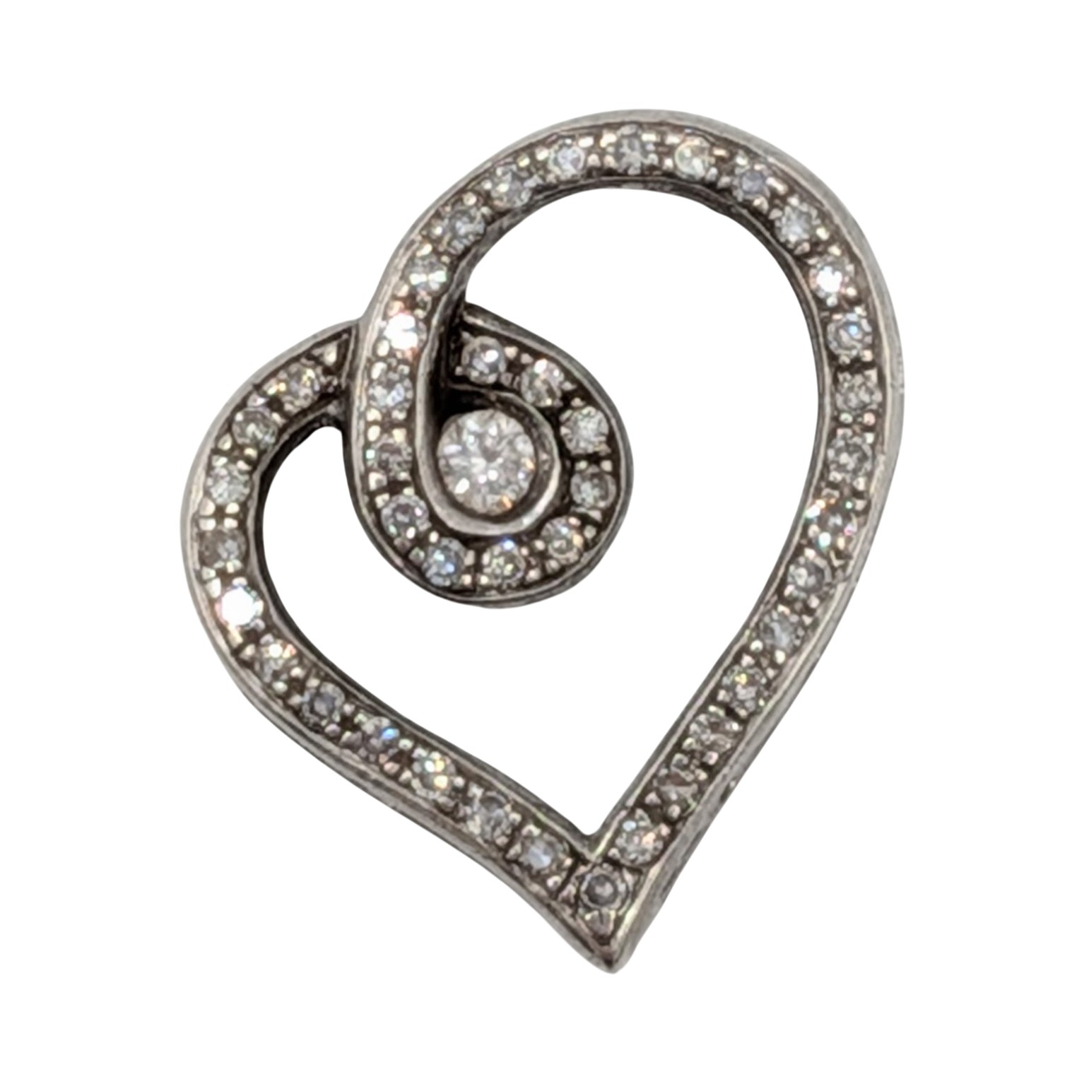 Signed Sterling Silver Diamond Open Heart Slide Pendant