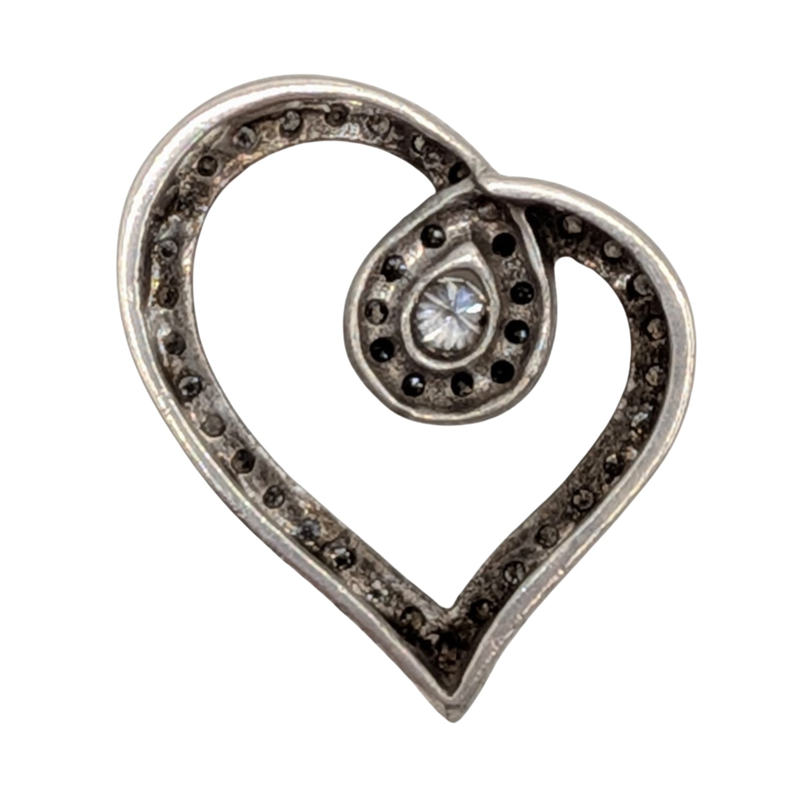Signed Sterling Silver Diamond Open Heart Slide Pendant