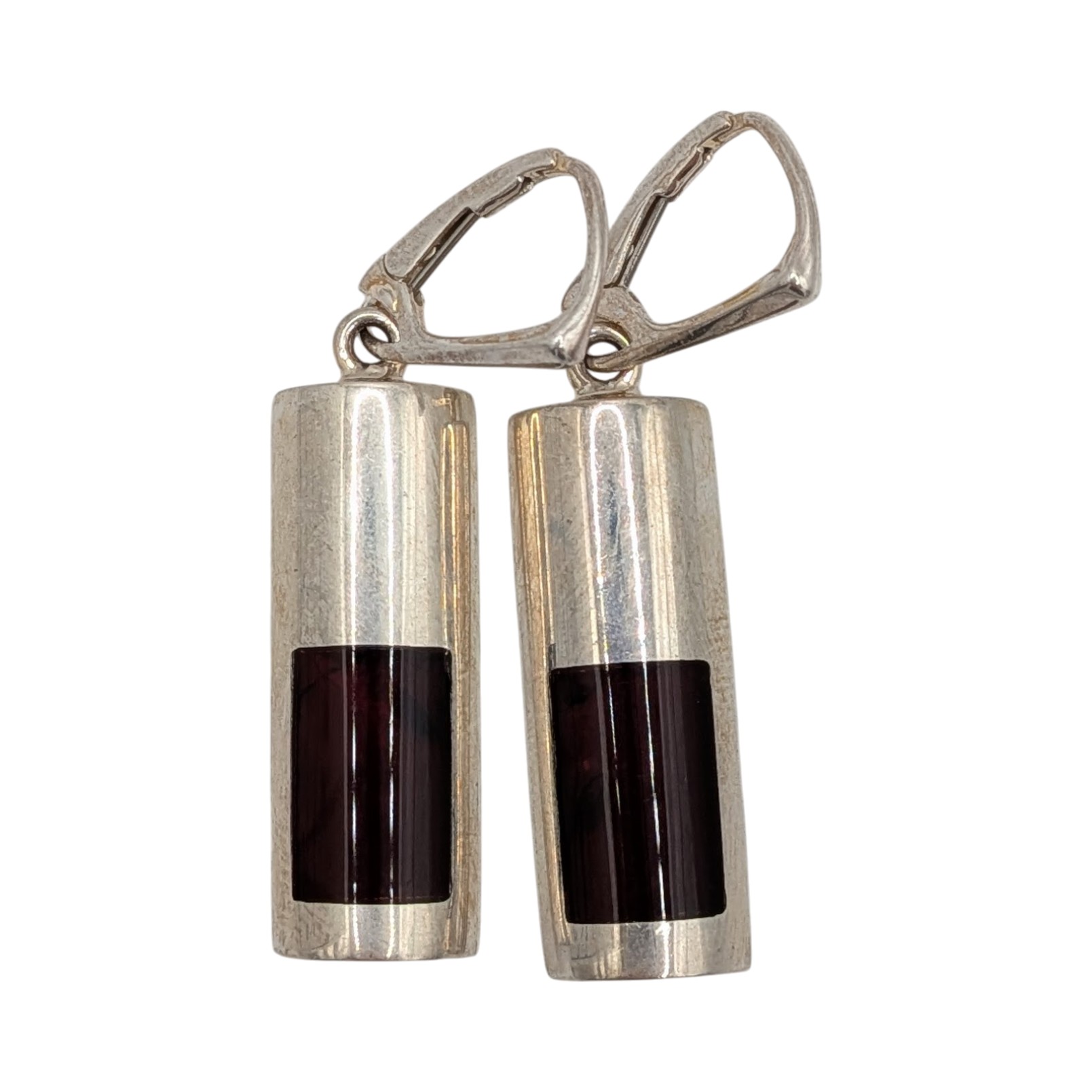 Signed New Polish Sterling Silver Amber Inlay Cylindrical Drop Earrings