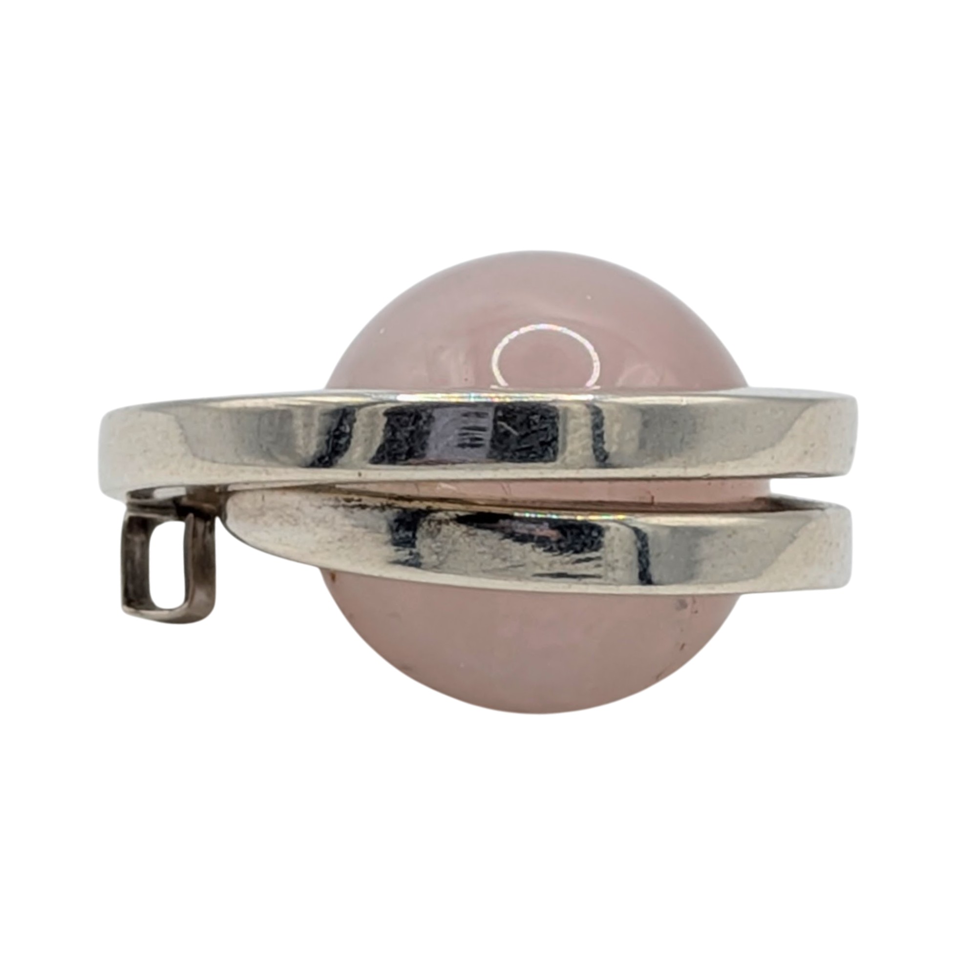 Signed Sterling Silver Rose Quartz Double Circle Swirl Slide Pendant
