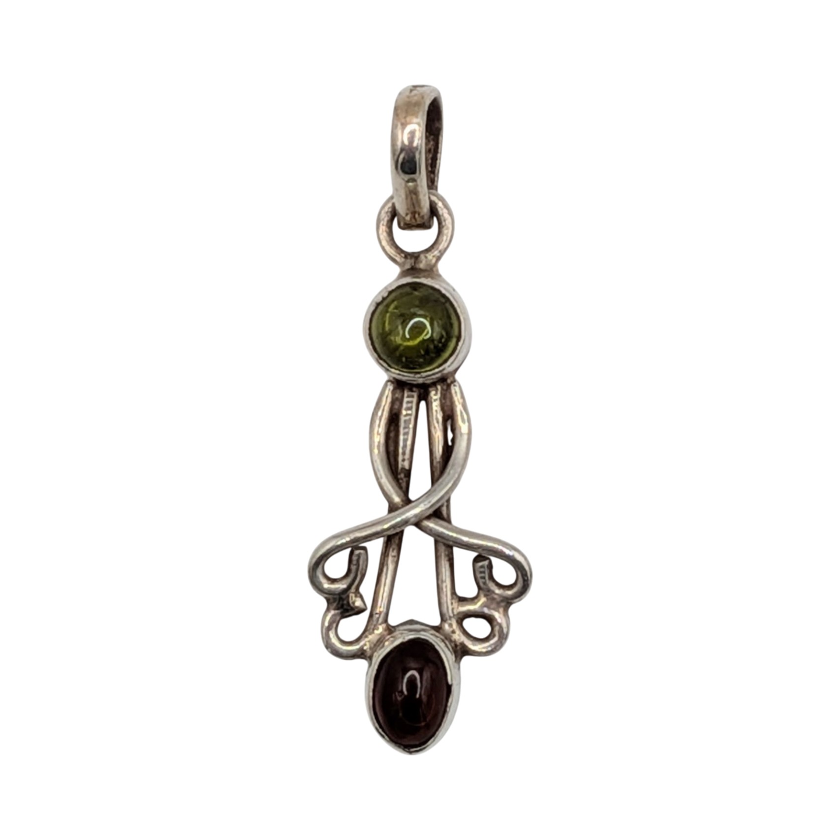 Sterling Silver Amethyst Peridot Twisted Scroll Drop Pendant
