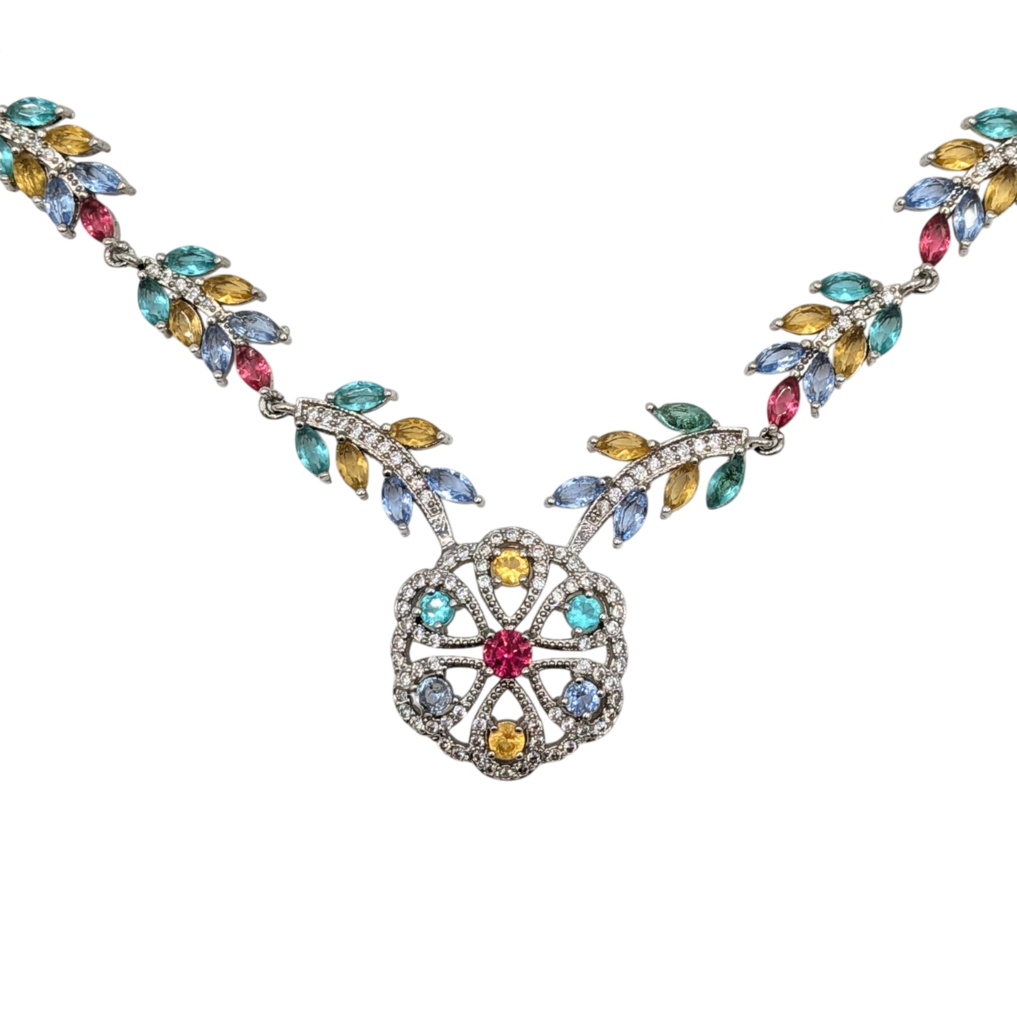 Sterling Silver Colored CZ Floral Vine Necklace