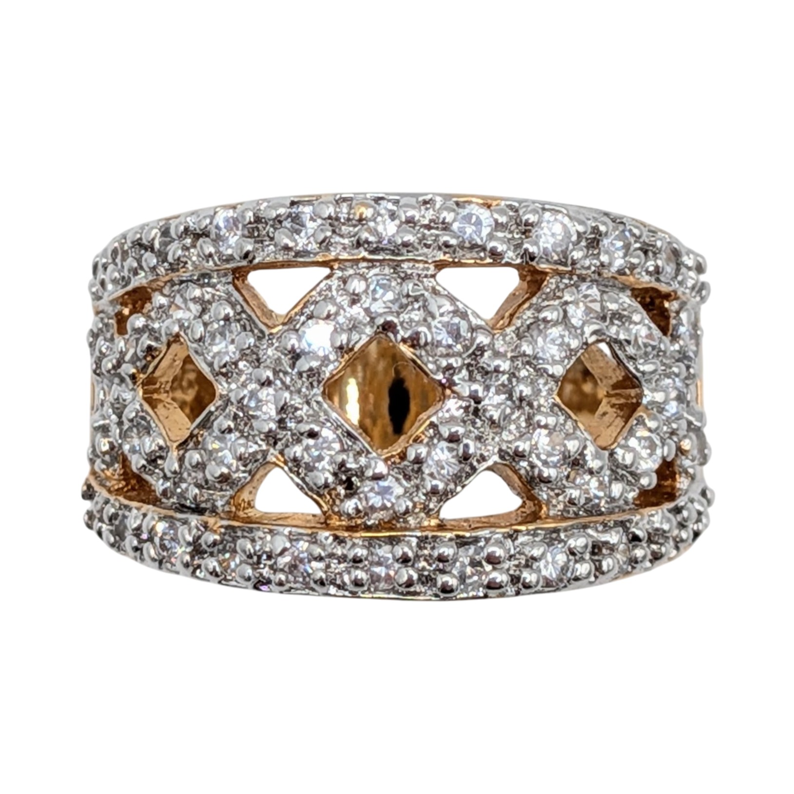 Signed Gold Over Sterling CZ Pave Set Wide Band Criss Cross Ring Size 6.25