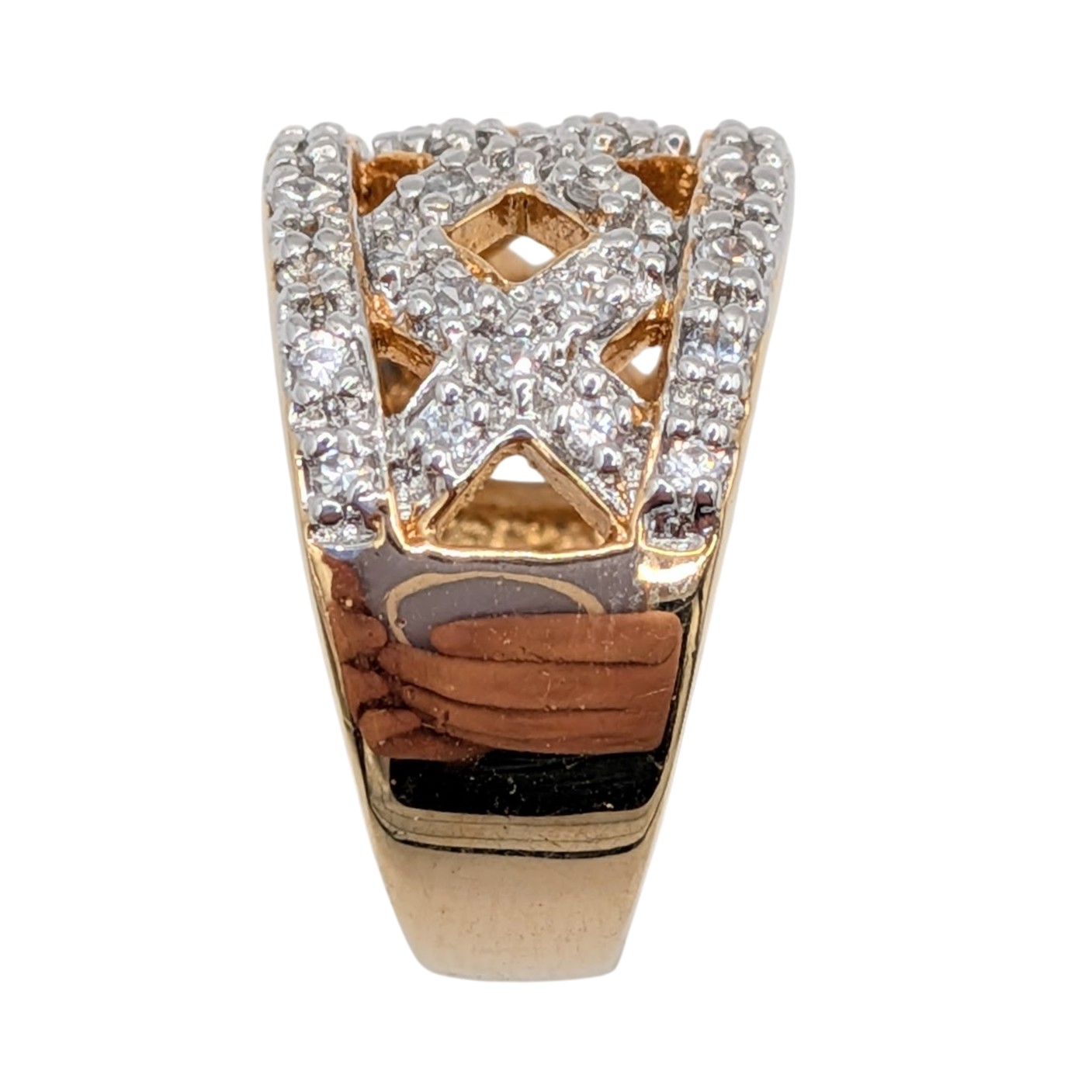 Signed Gold Over Sterling CZ Pave Set Wide Band Criss Cross Ring Size 6.25