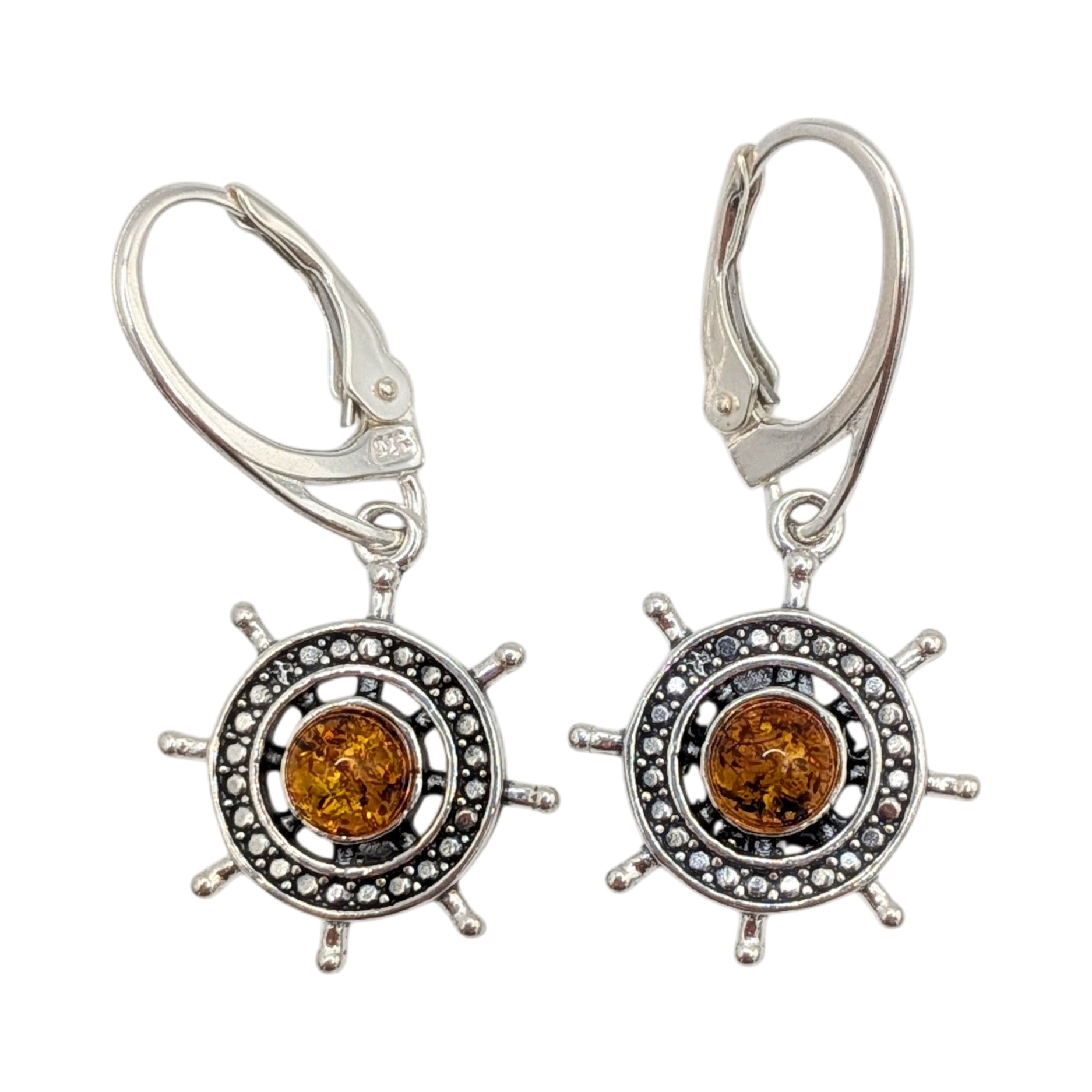 Sterling Silver Amber Ships Wheel Drop Earrings