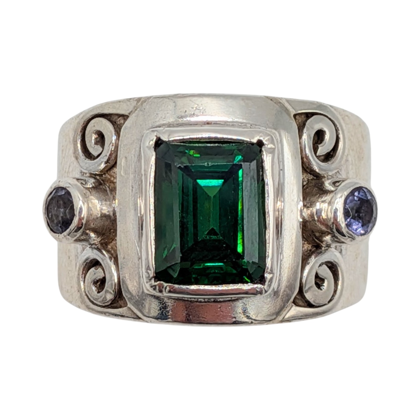 Sajen Sterling Silver Emerald Iolite 3 Stone Wide Band Ring Size 9