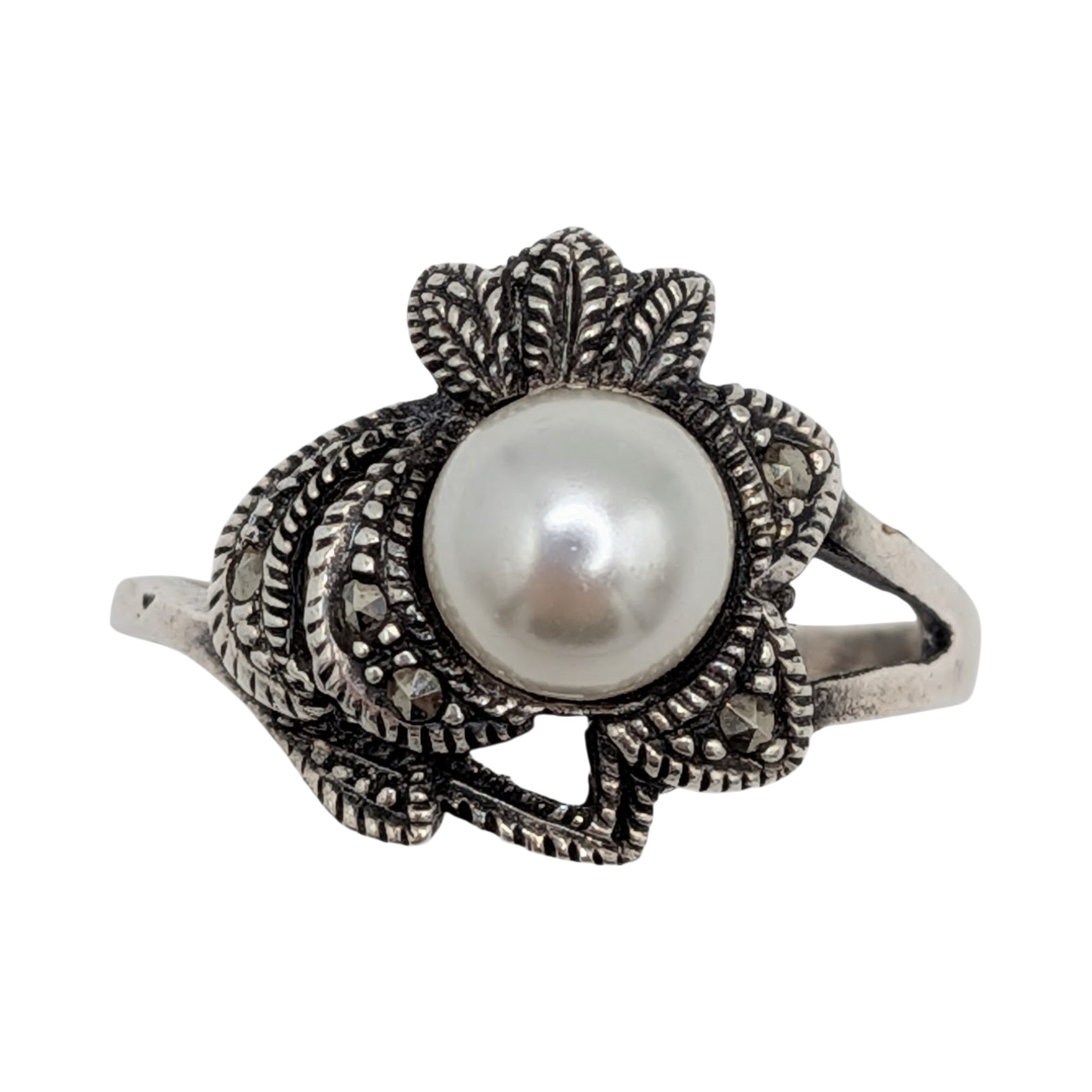 Signed Sterling Silver Faux Pearl Marcasite Floral Motif Ring Size 9