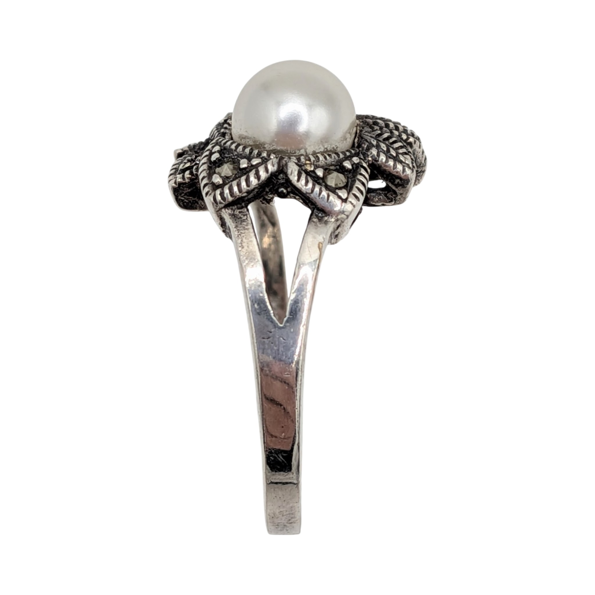 Signed Sterling Silver Faux Pearl Marcasite Floral Motif Ring Size 9