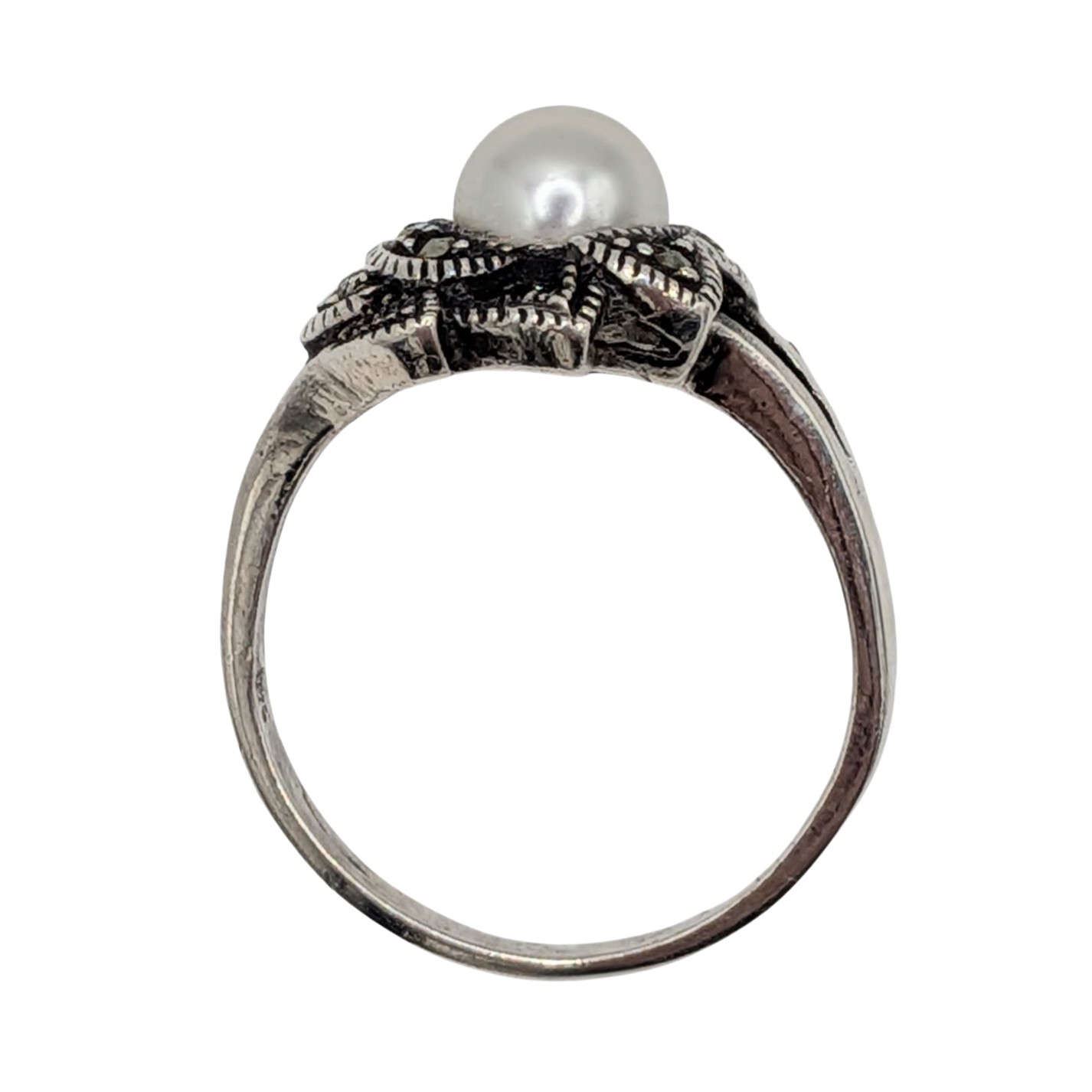 Signed Sterling Silver Faux Pearl Marcasite Floral Motif Ring Size 9