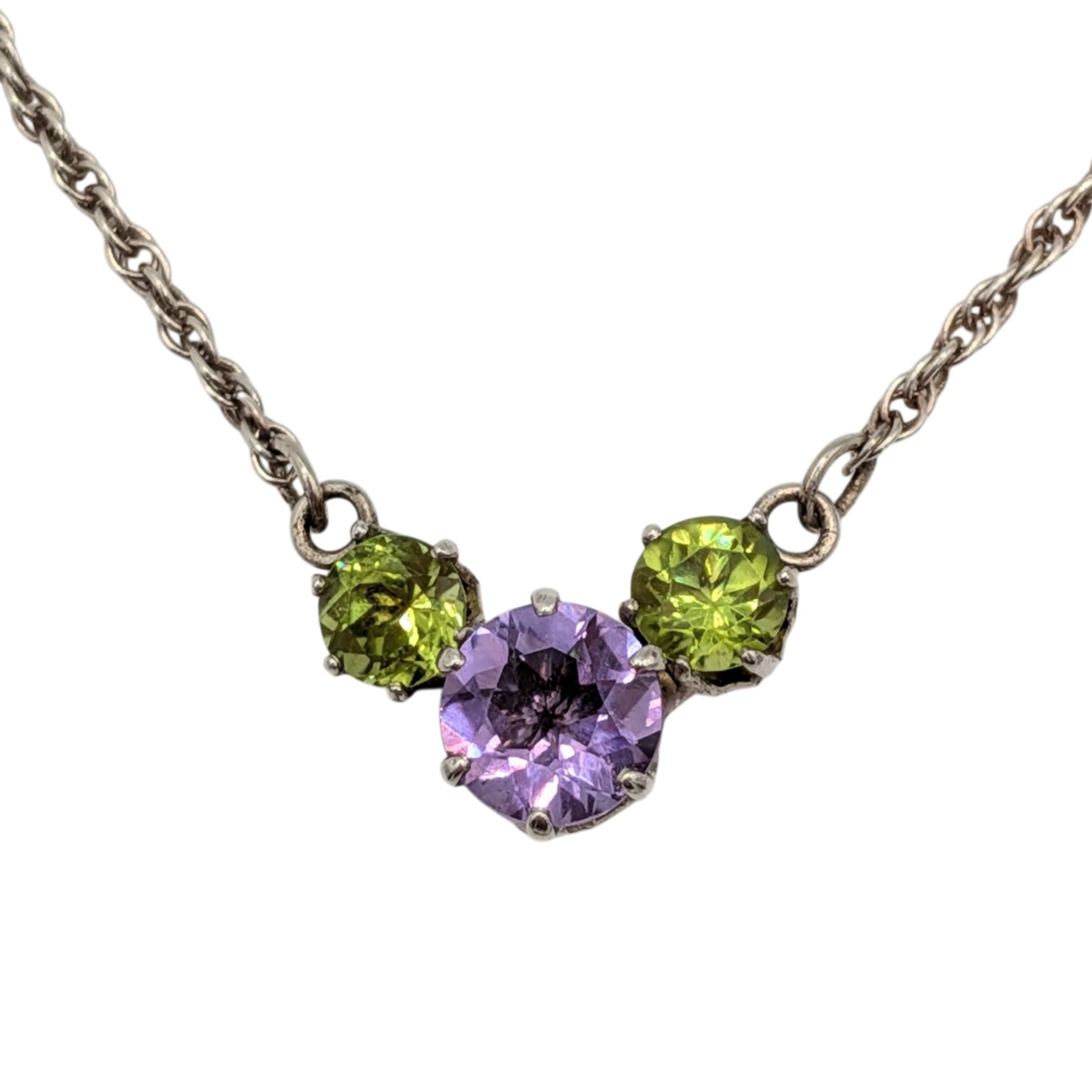 Signed Sterling Silver Amethyst Peridot Triple Cluster Necklace