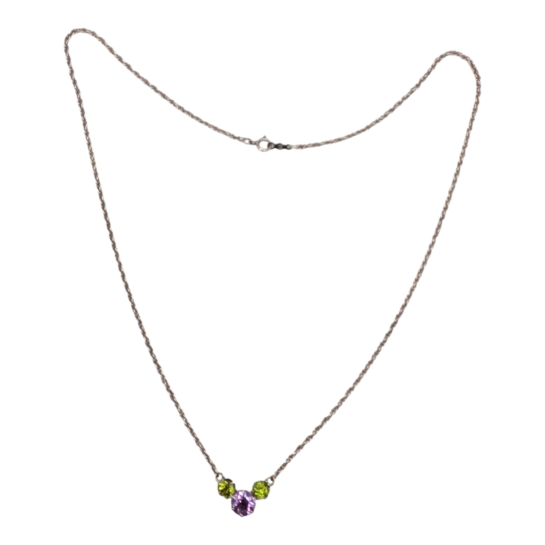 Signed Sterling Silver Amethyst Peridot Triple Cluster Necklace