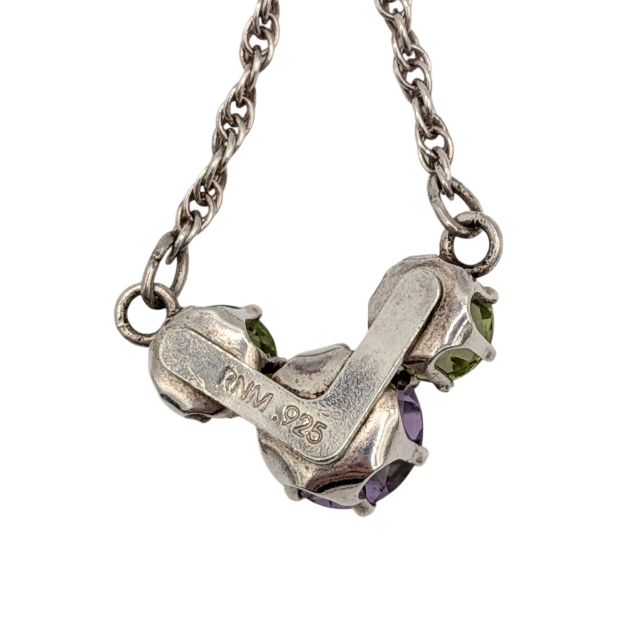 Signed Sterling Silver Amethyst Peridot Triple Cluster Necklace