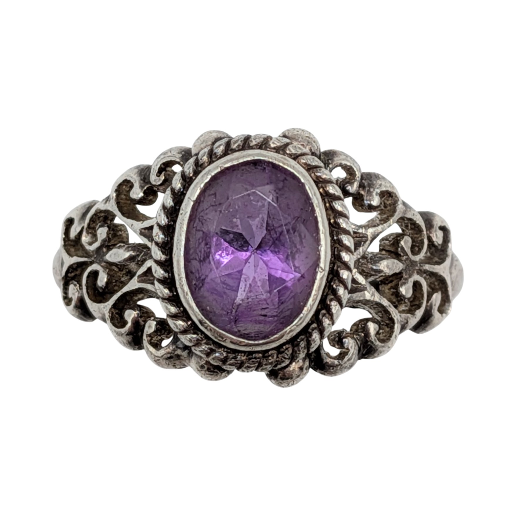 Sterling Silver Amethyst Oval Scroll Ring Size 6.5