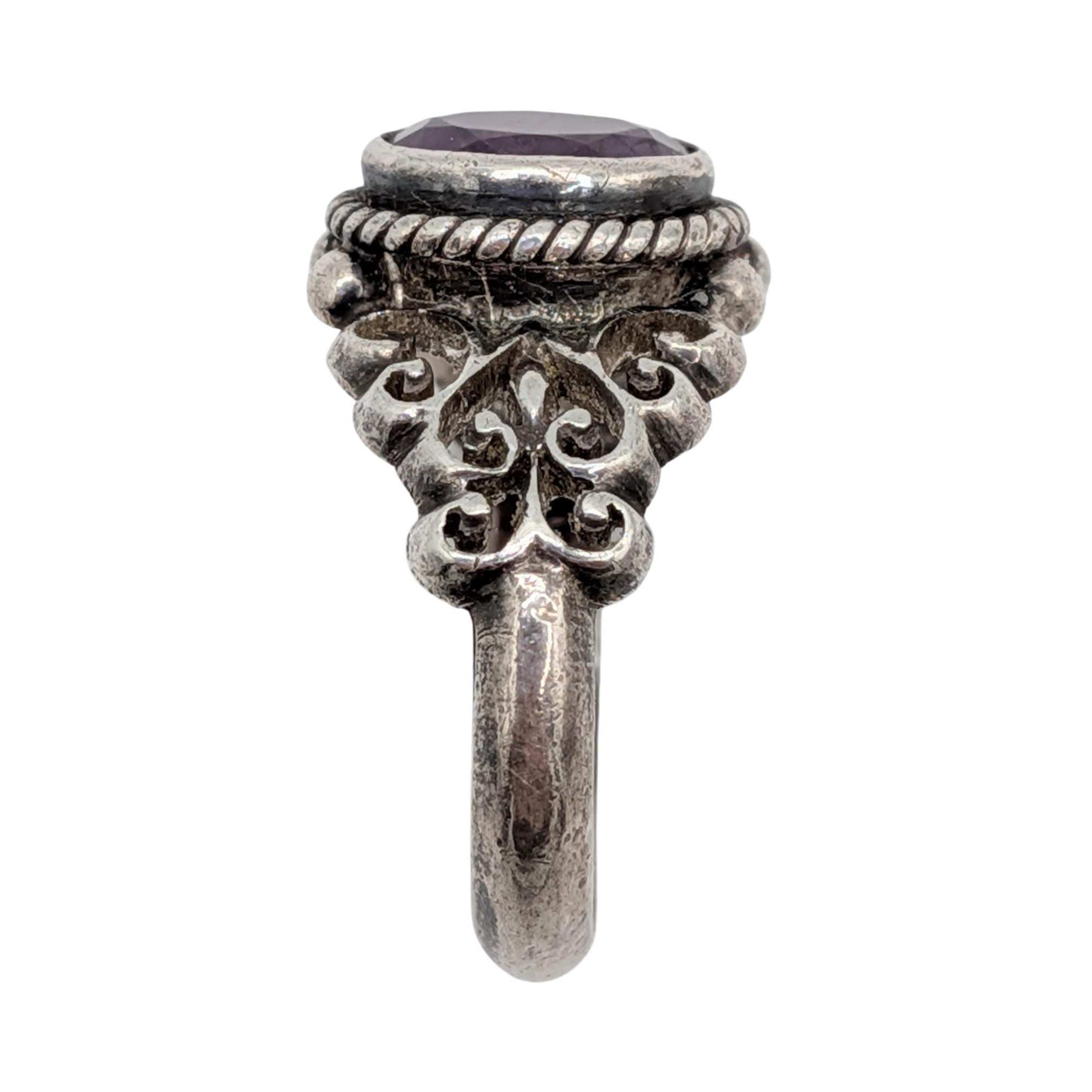 Sterling Silver Amethyst Oval Scroll Ring Size 6.5