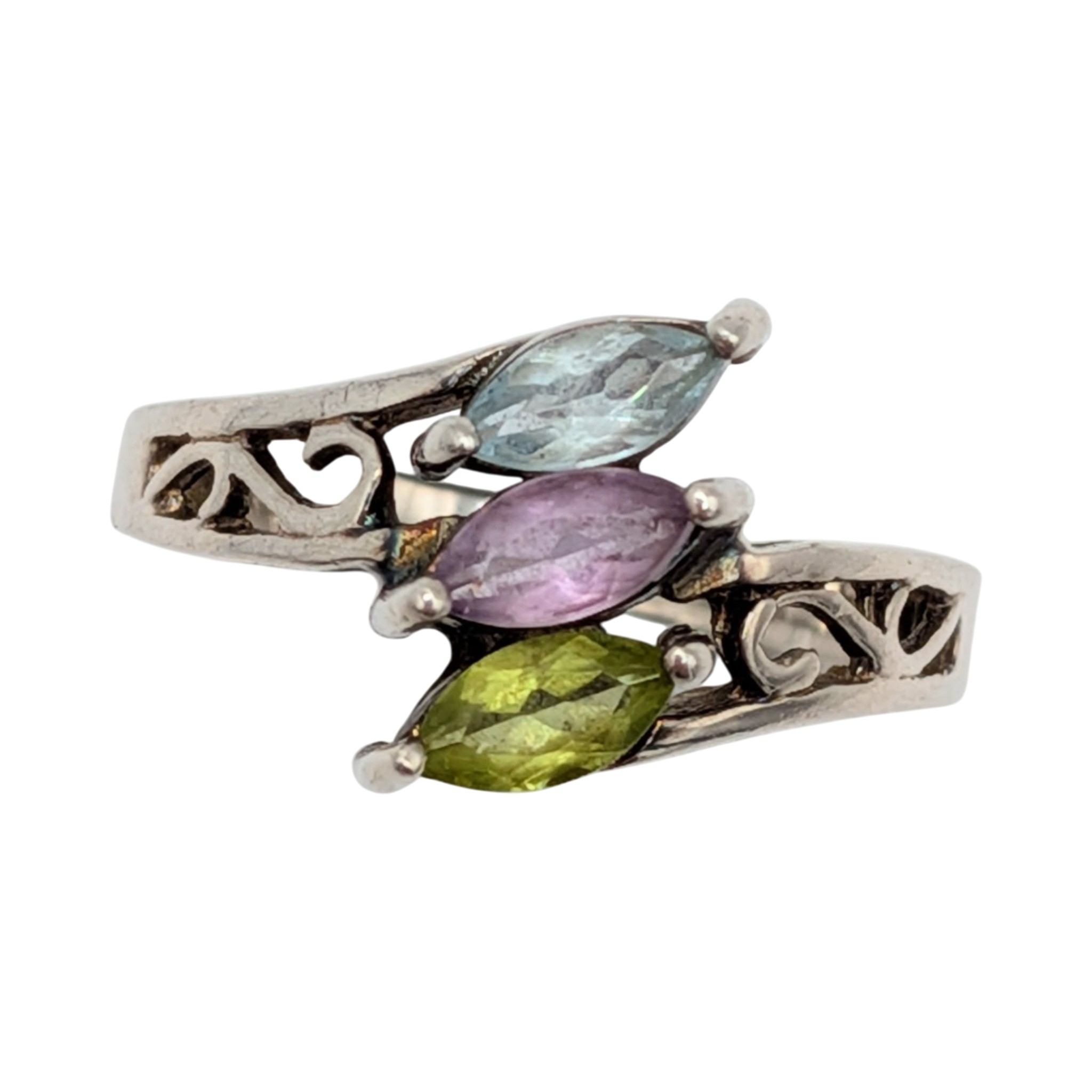 Signed Sterling Silver Multi-Stone Scroll Cut 3 Stone Ring Size 6