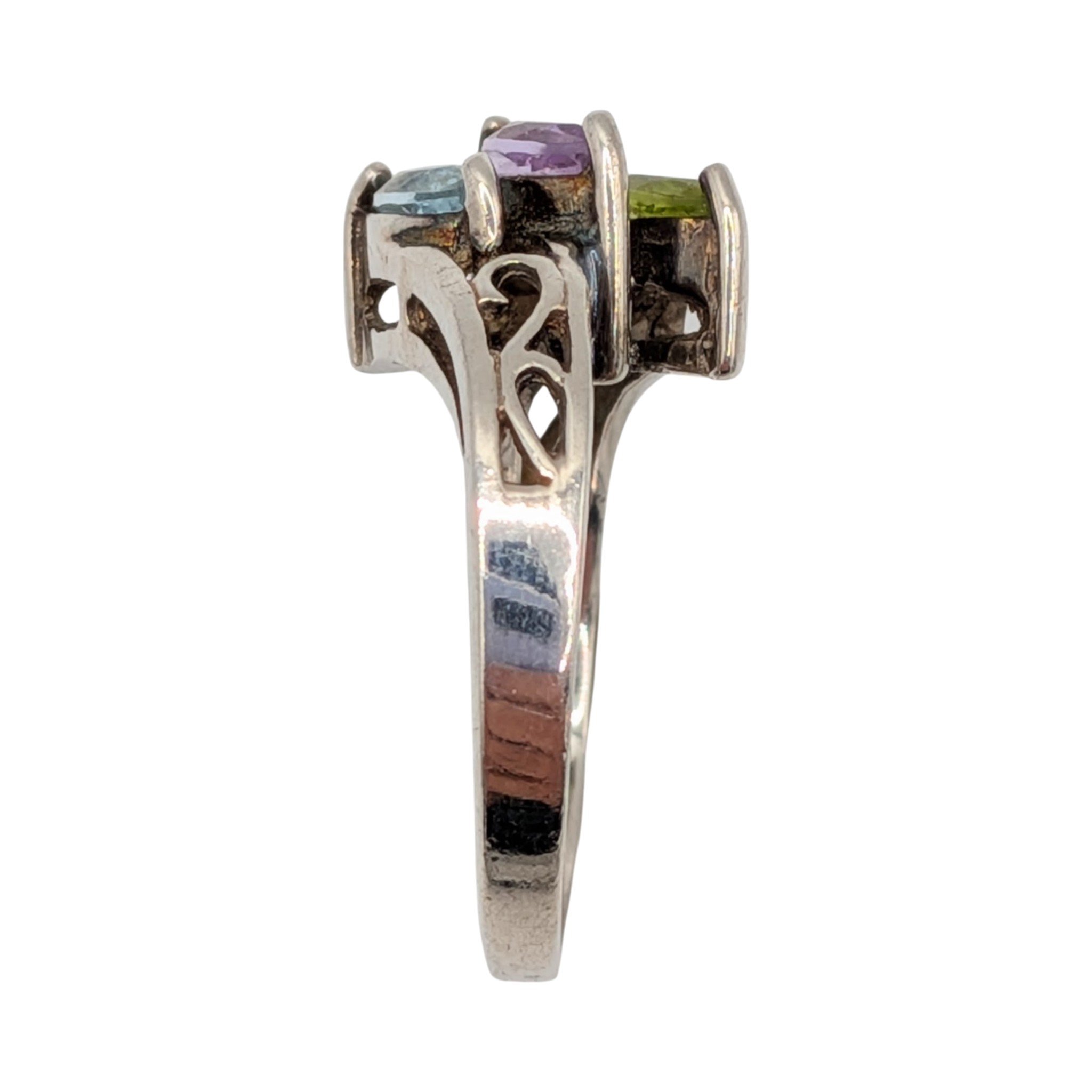 Signed Sterling Silver Multi-Stone Scroll Cut 3 Stone Ring Size 6