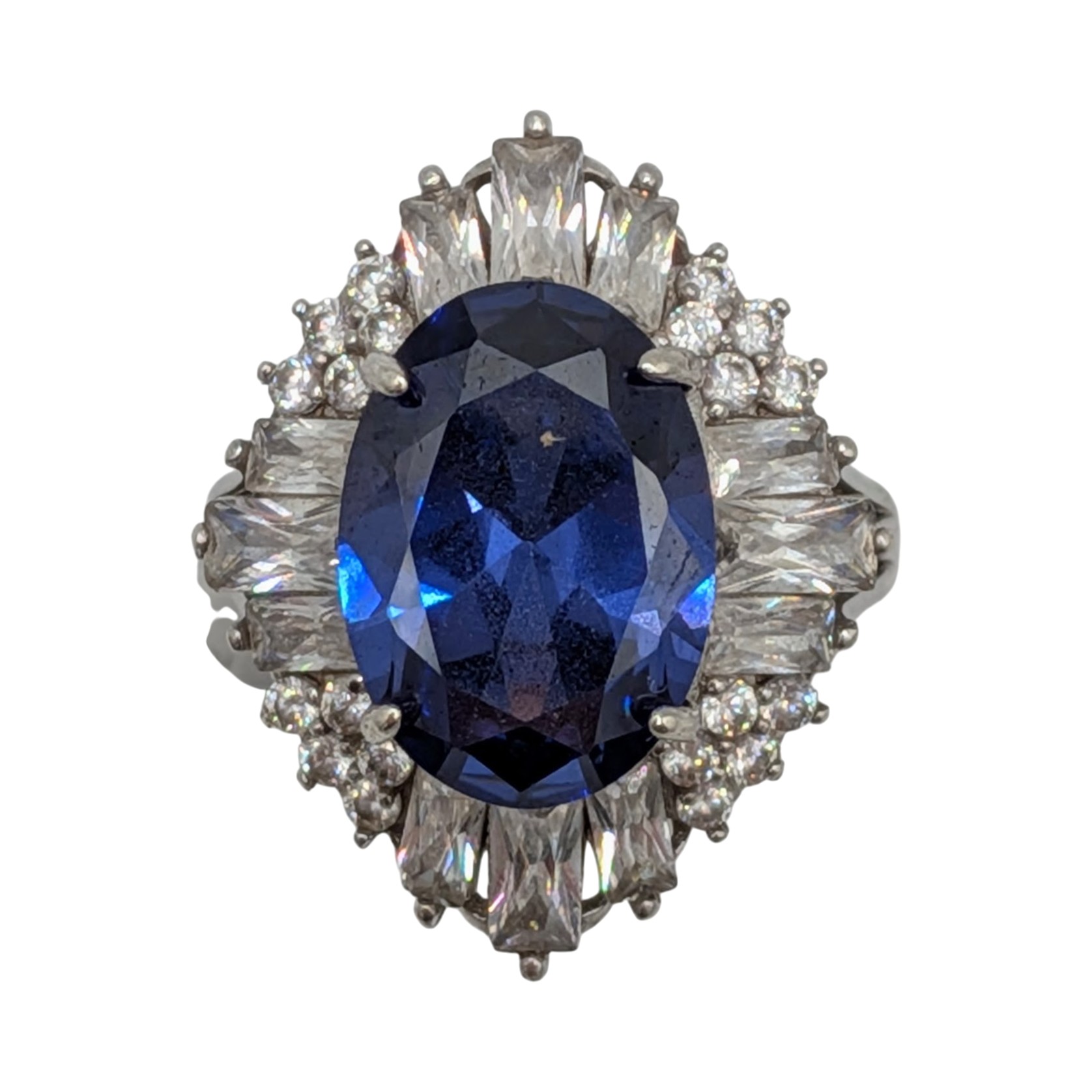 Signed Sterling Silver Dark Blue CZ White CZ Halo Statement Ring Size 7