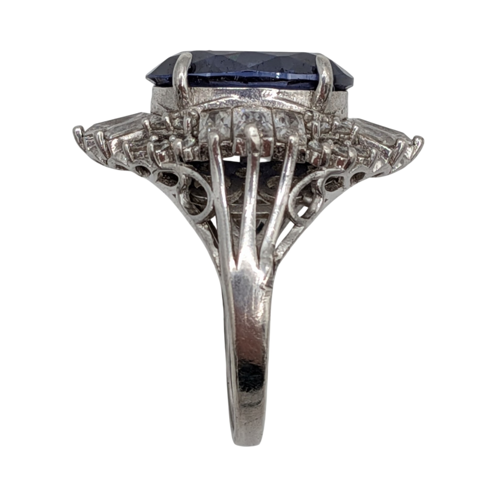 Signed Sterling Silver Dark Blue CZ White CZ Halo Statement Ring Size 7