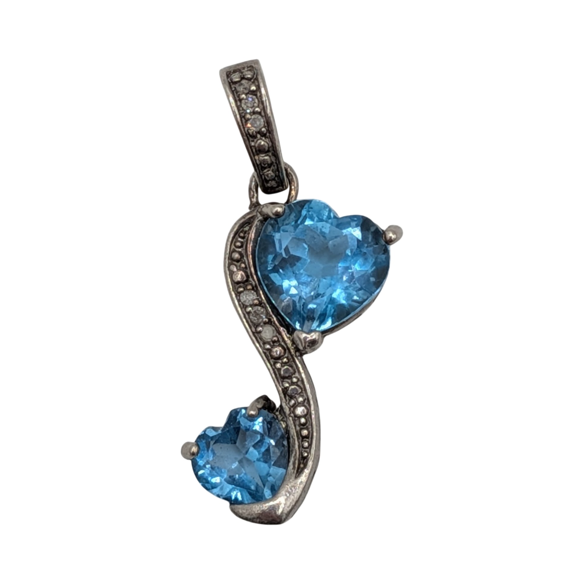 Signed Sterling Silver Diamond Blue Topaz Double Heart Swirl Pendant