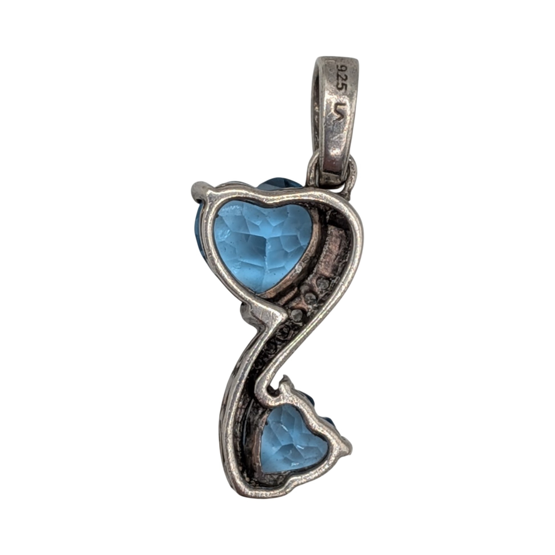 Signed Sterling Silver Diamond Blue Topaz Double Heart Swirl Pendant