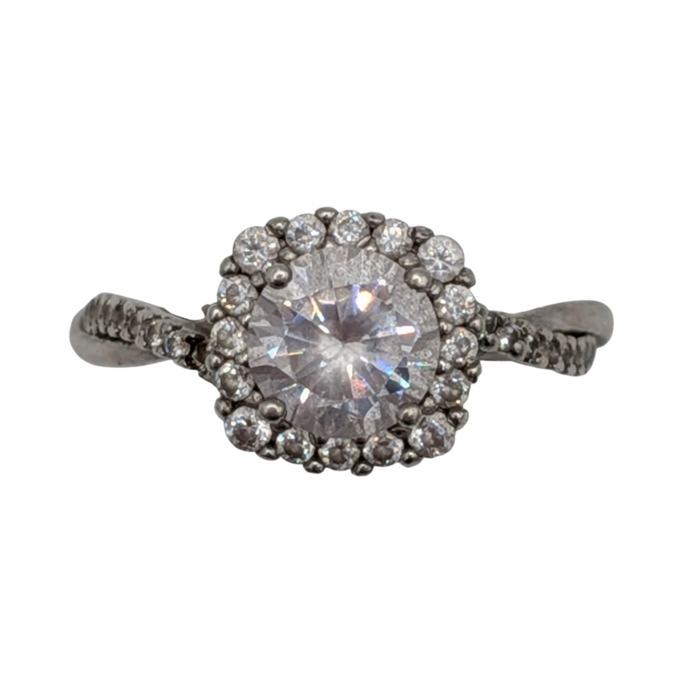 Signed Sterling Silver CZ Halo Twist Solitaire Ring Size 7.5