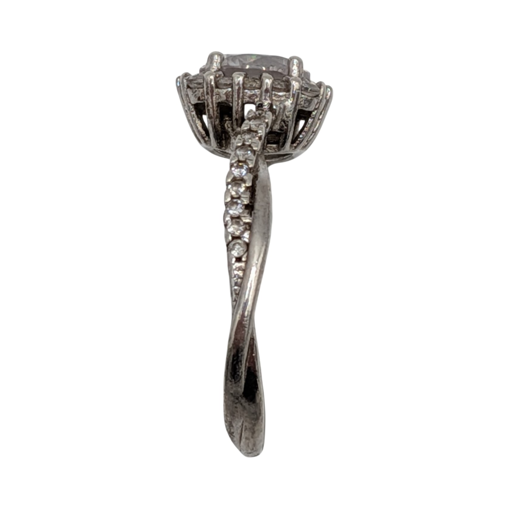 Signed Sterling Silver CZ Halo Twist Solitaire Ring Size 7.5