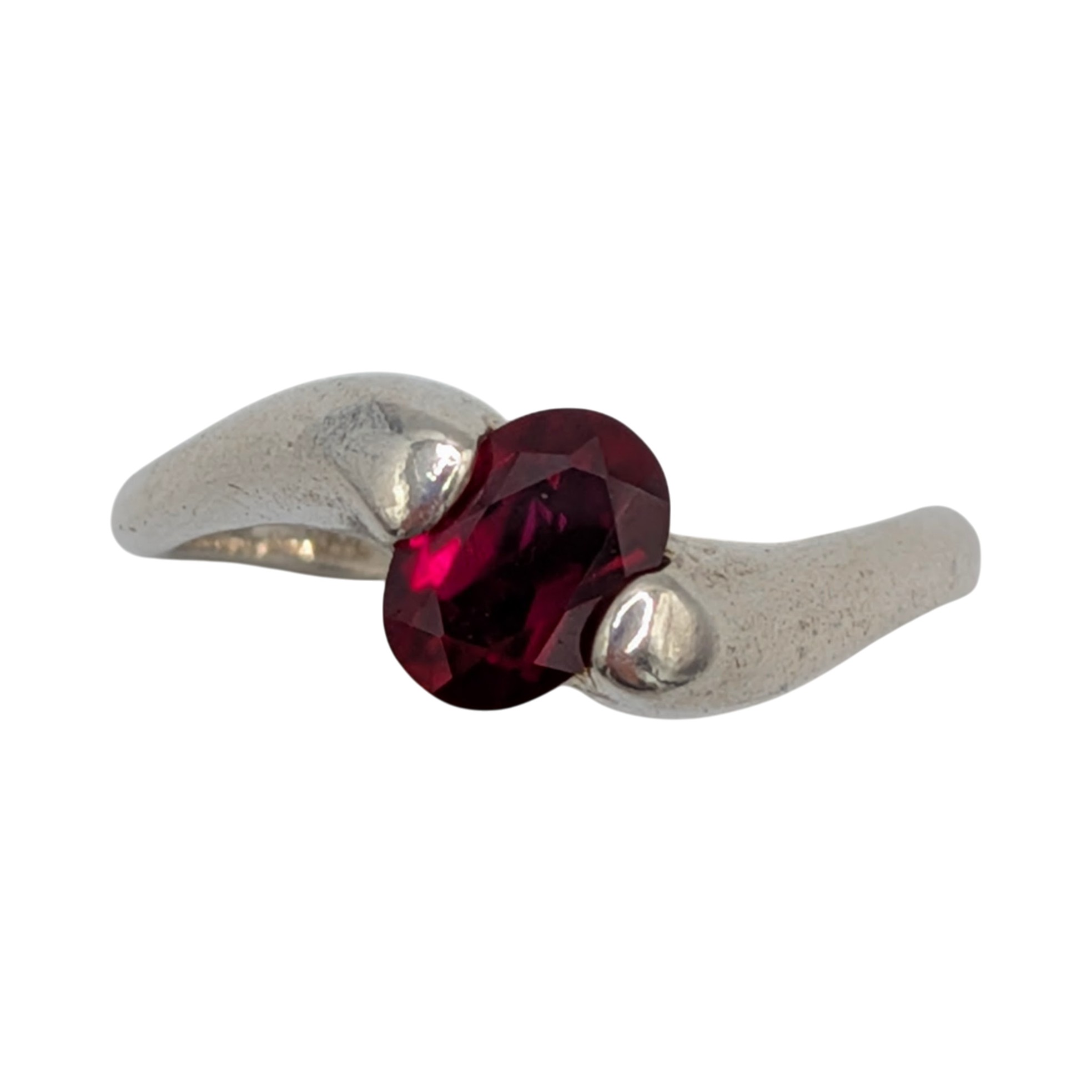 Signed Sterling Silver Ruby Contour Solitaire Ring Size 7