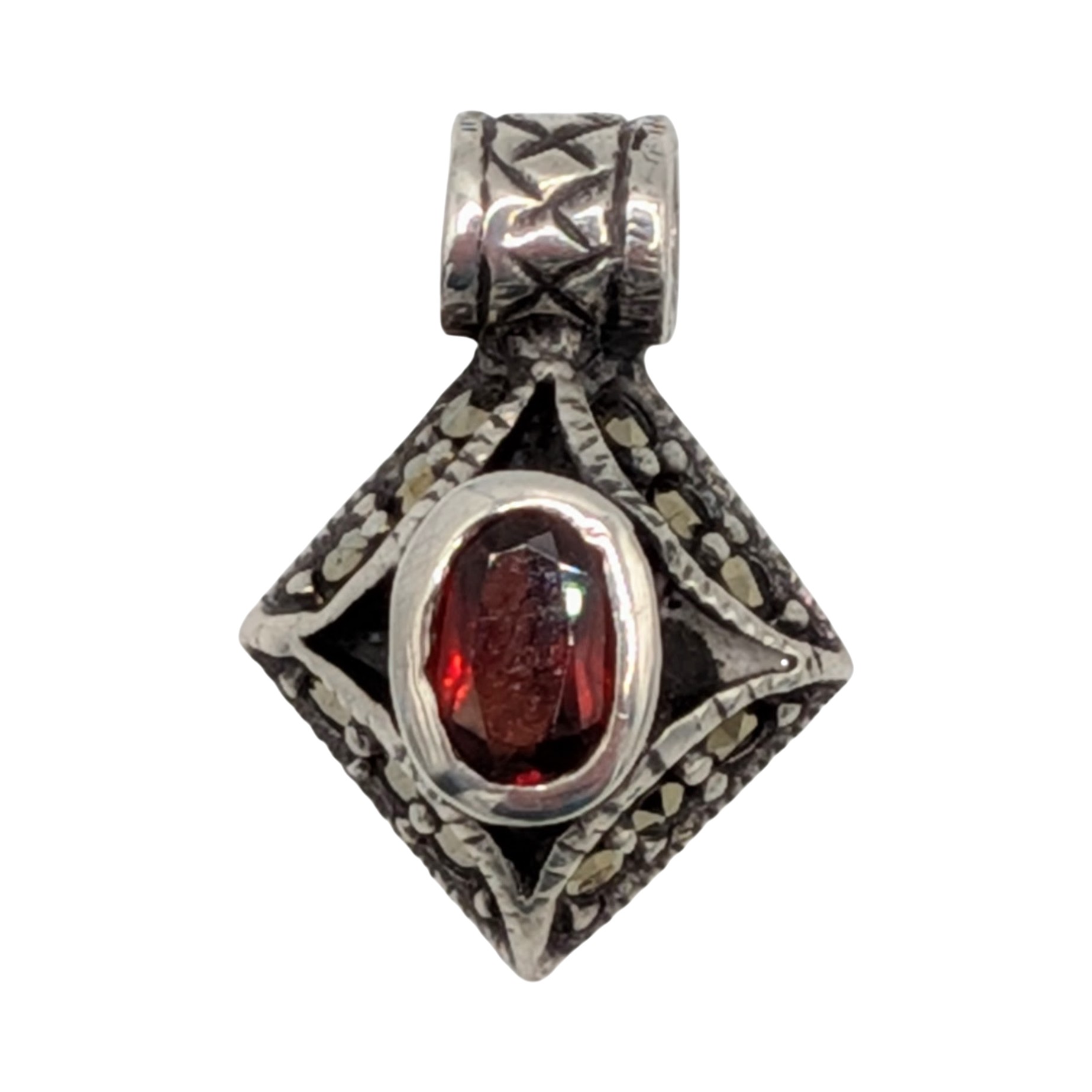 Signed Sterling Silver Garnet Marcasite Milgrain Slide Pendant