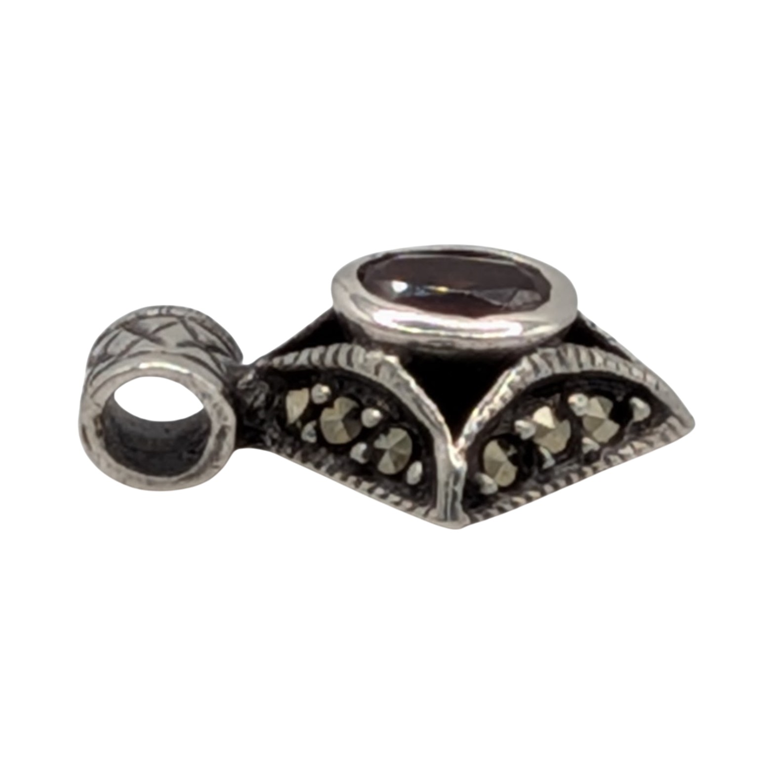 Signed Sterling Silver Garnet Marcasite Milgrain Slide Pendant