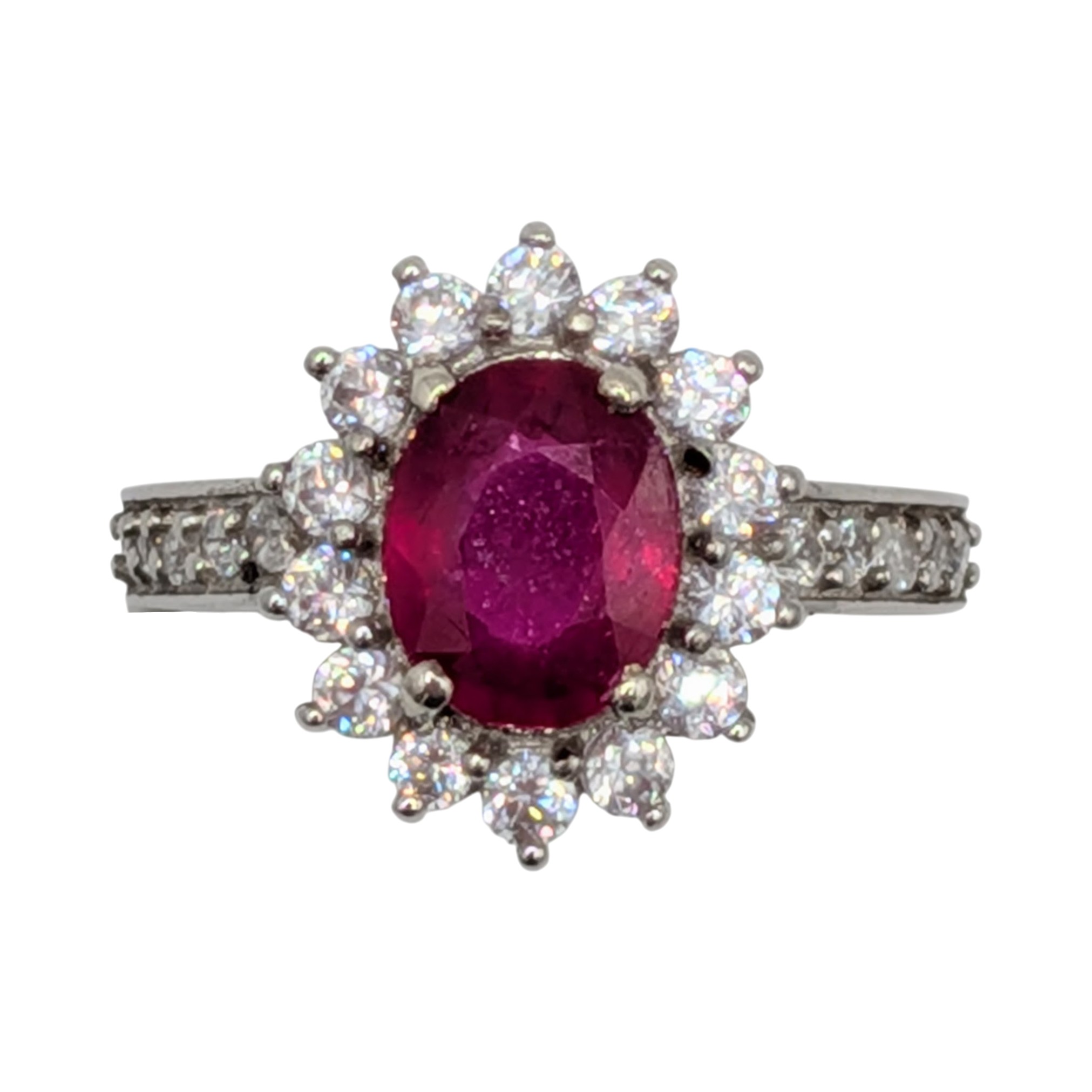 Signed Sterling Silver Dark Pink Topaz White Spinel Oval Cut Halo Ring Size 7.25