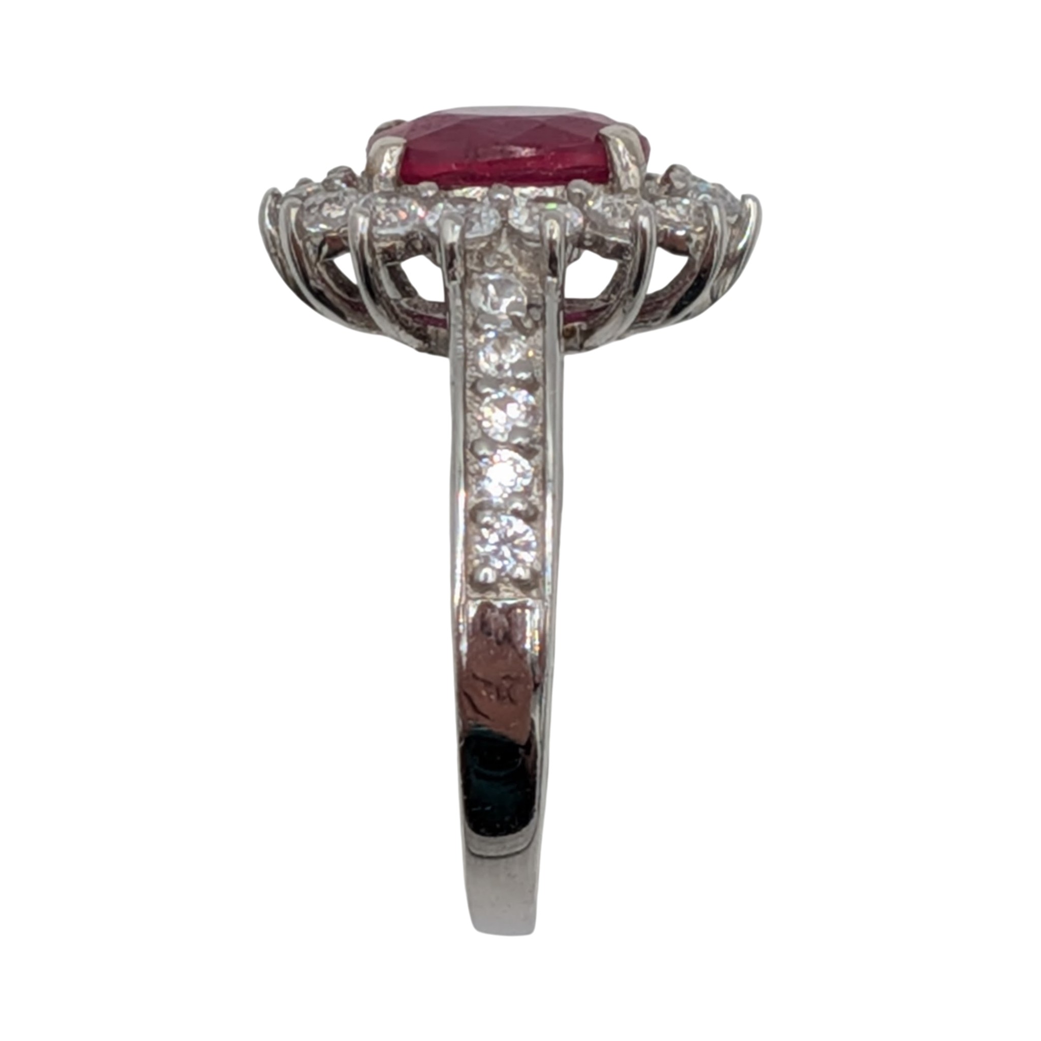 Signed Sterling Silver Dark Pink Topaz White Spinel Oval Cut Halo Ring Size 7.25