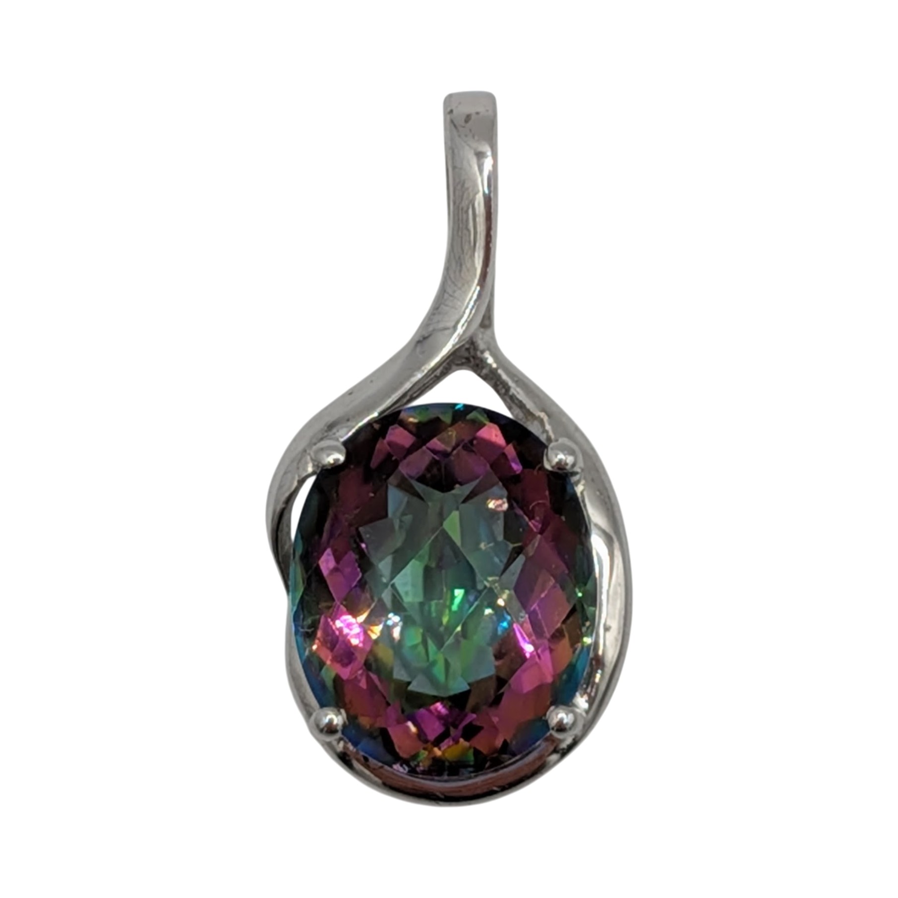 Signed Sterling Silver Iridescent Crystal Oval Pendant