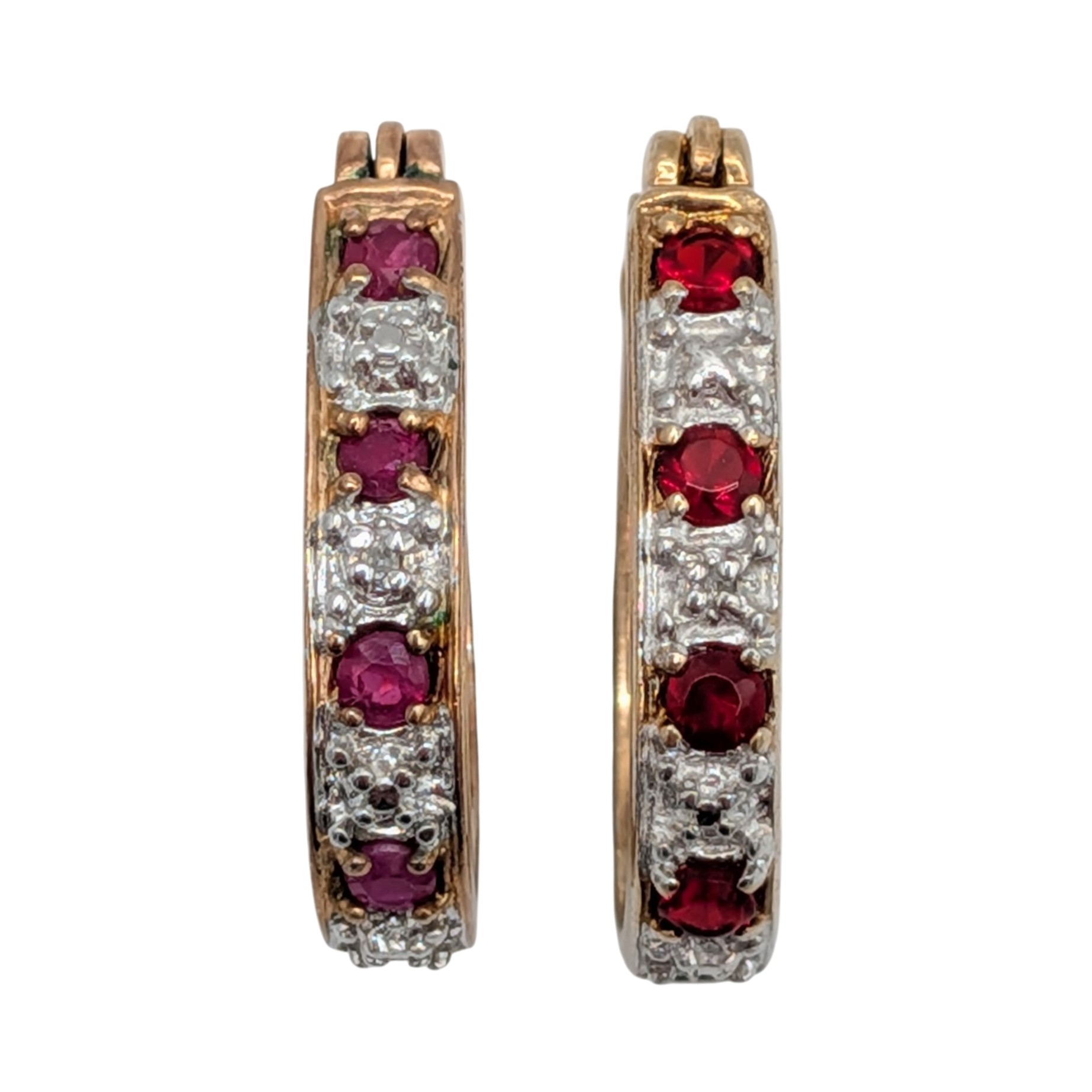 Signed Gold Over Sterling Silver Ruby Diamond Oval Hoop Earrings
