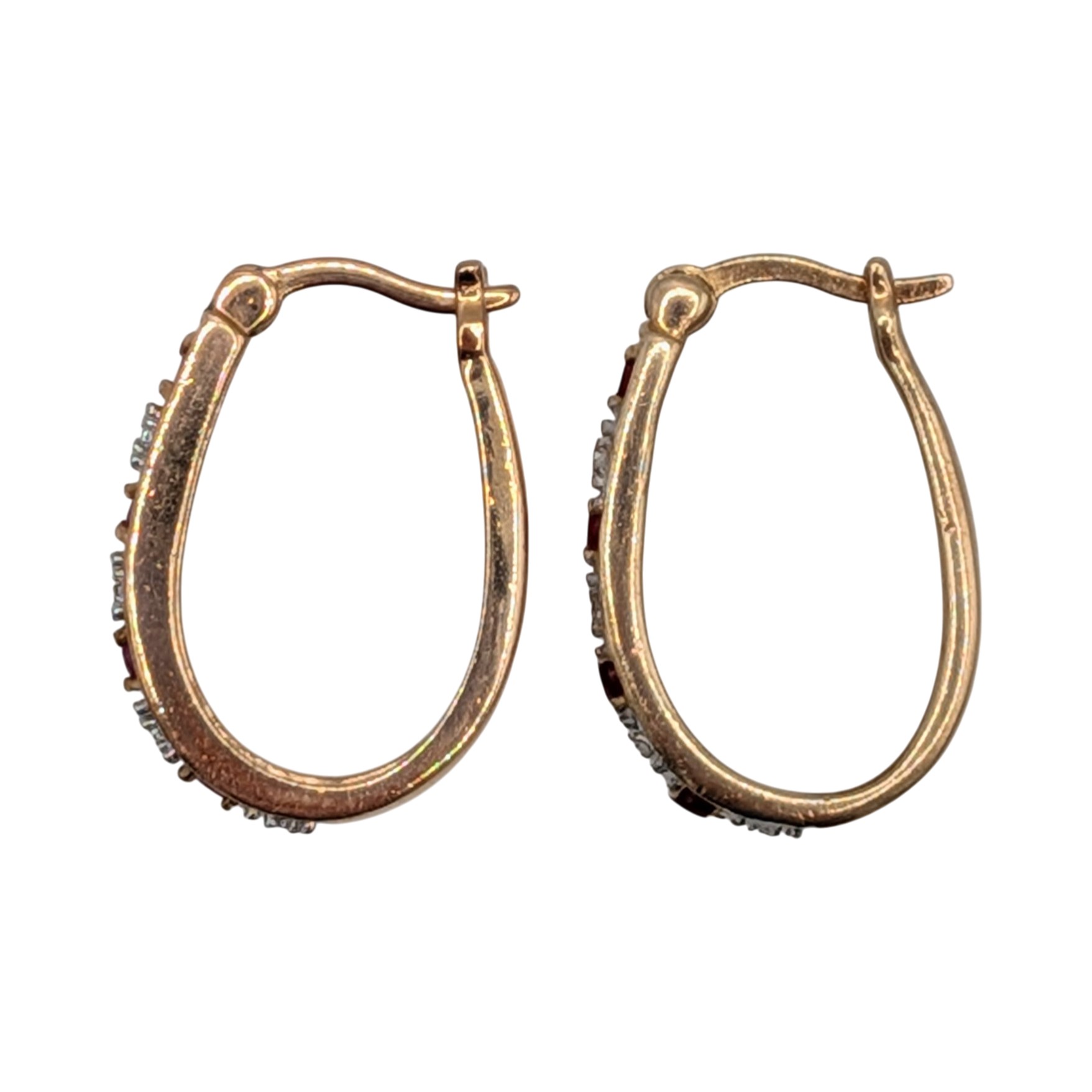 Signed Gold Over Sterling Silver Ruby Diamond Oval Hoop Earrings