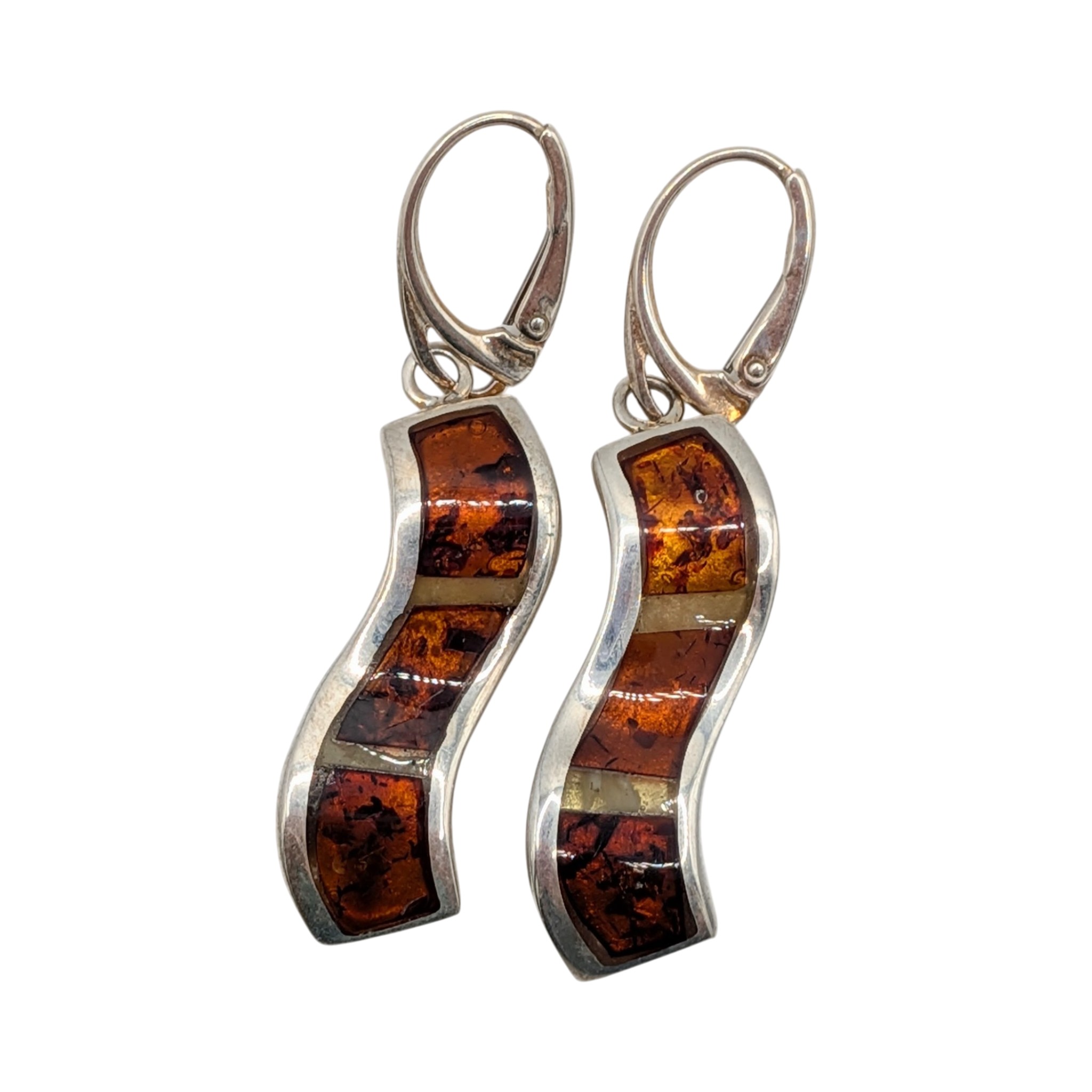 New Polish Sterling Silver Amber Two Tone Inlay Wave Earrings
