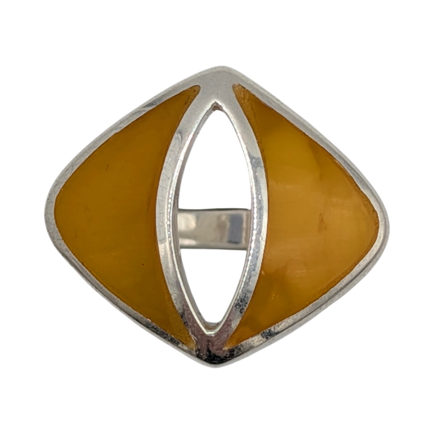 Signed New Polish Sterling Silver Butterscotch Amber Modern Inlay Ring Size 6.25