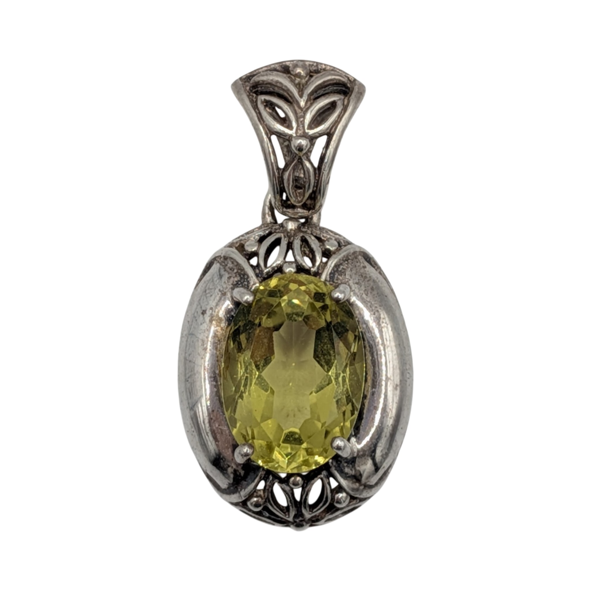 Signed Sterling Silver Lemon Quartz Floral Cut Oval Pendant